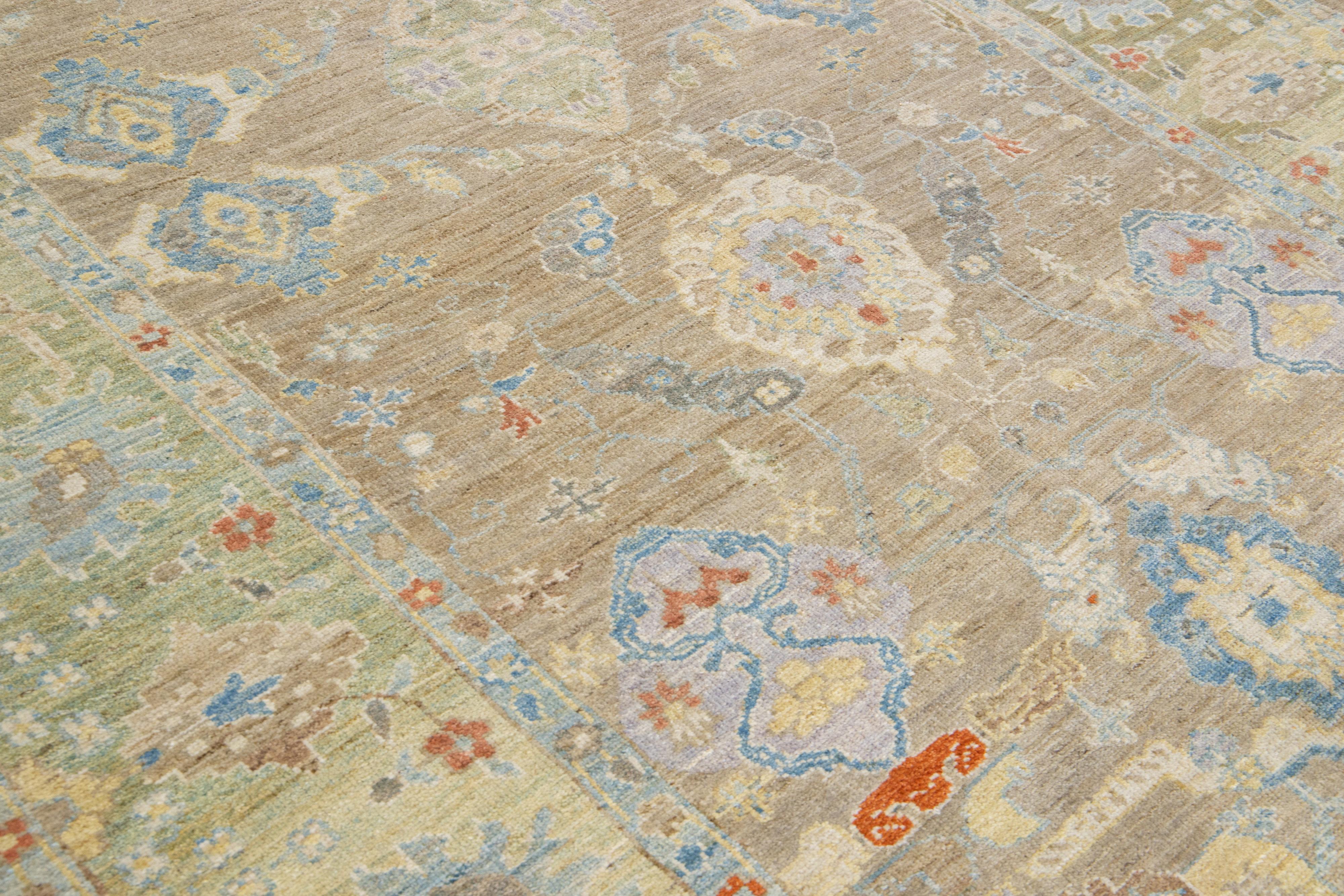 Moderner moderner brauner handgefertigter Woll-Läufer mit Blumenmuster von Sultanabad im Angebot 3