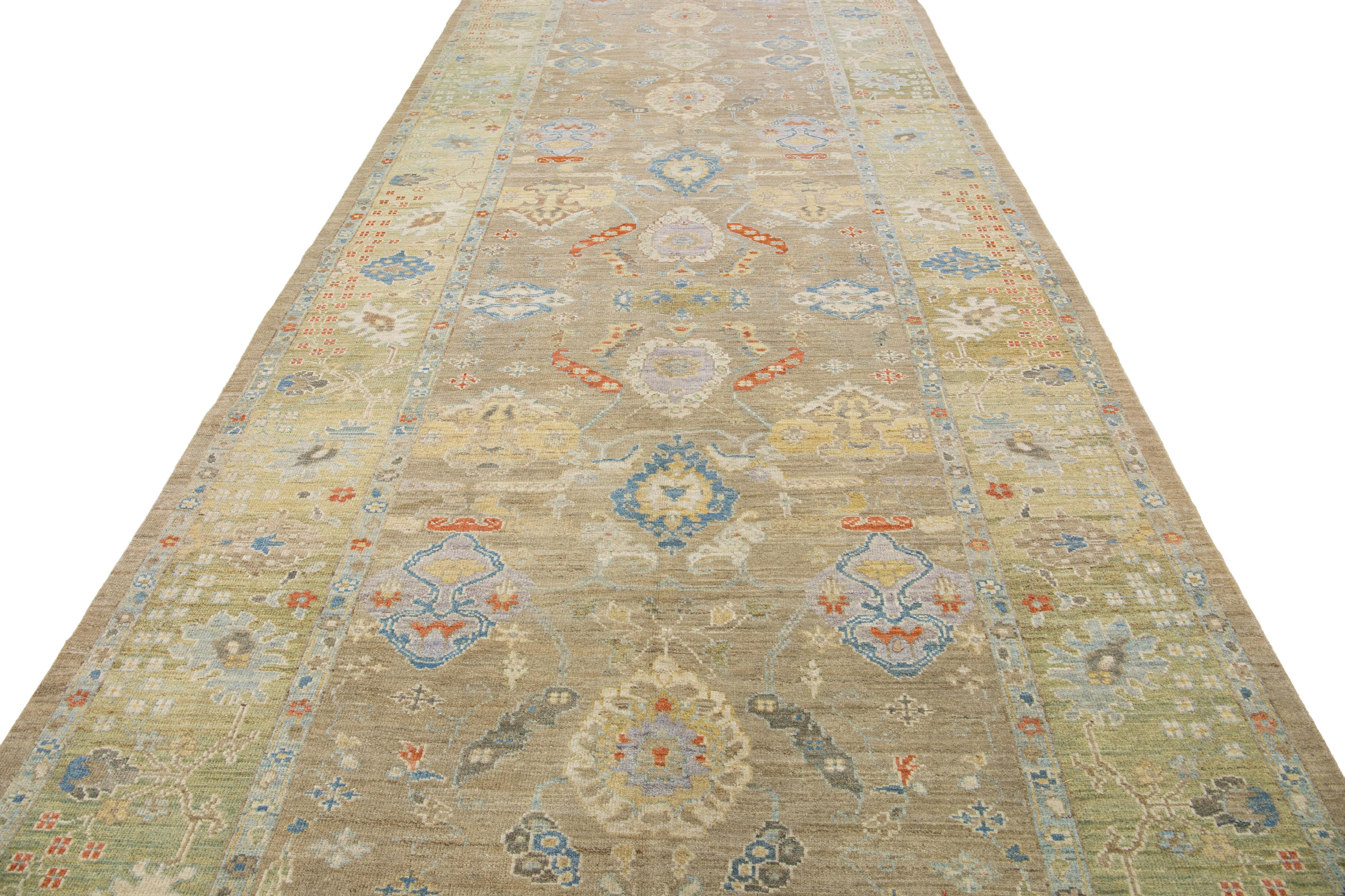 Persian Modern Sultanabad Brown Handmade Floral Pattern Wool Runner For Sale