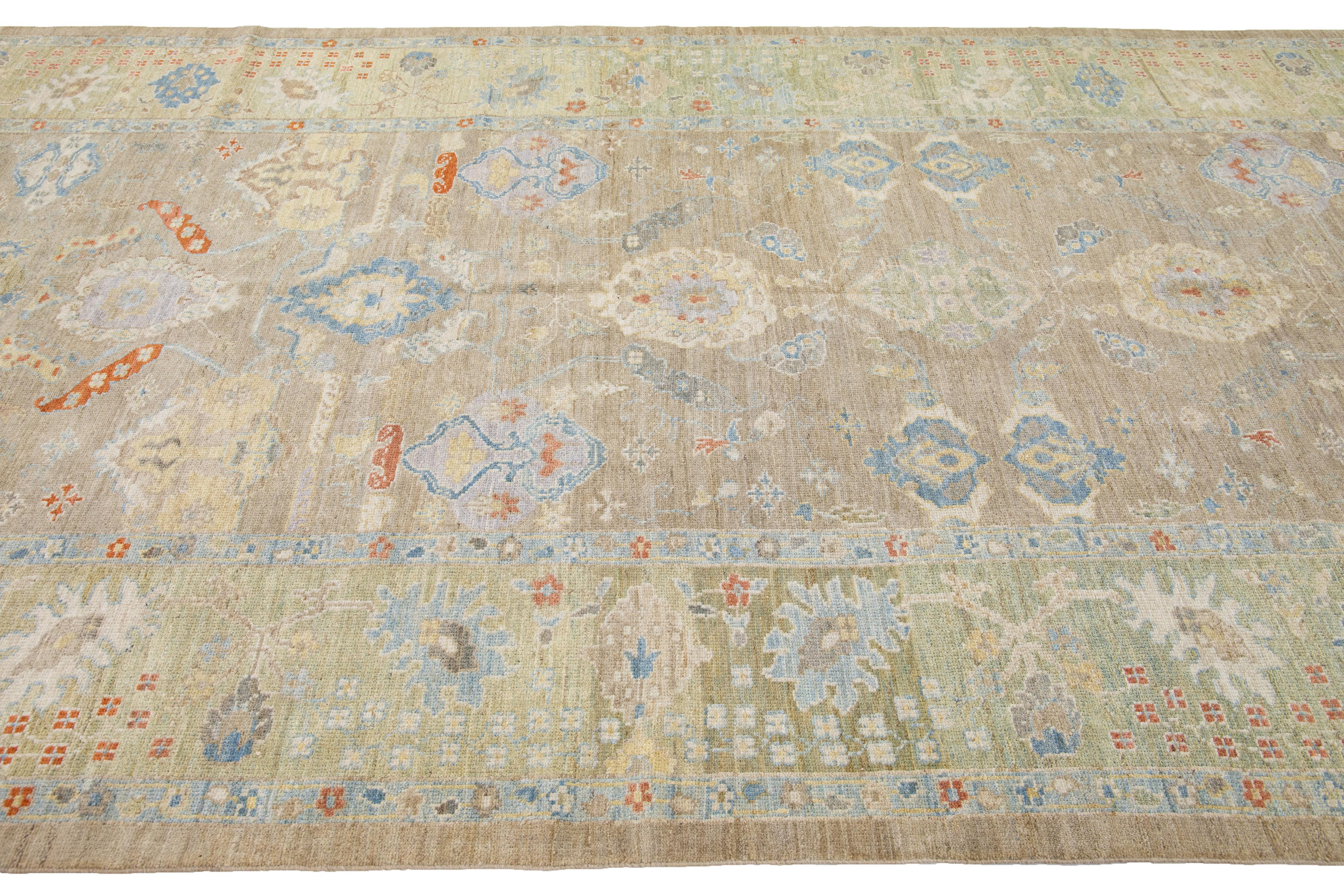 Hand-Knotted Modern Sultanabad Brown Handmade Floral Pattern Wool Runner For Sale