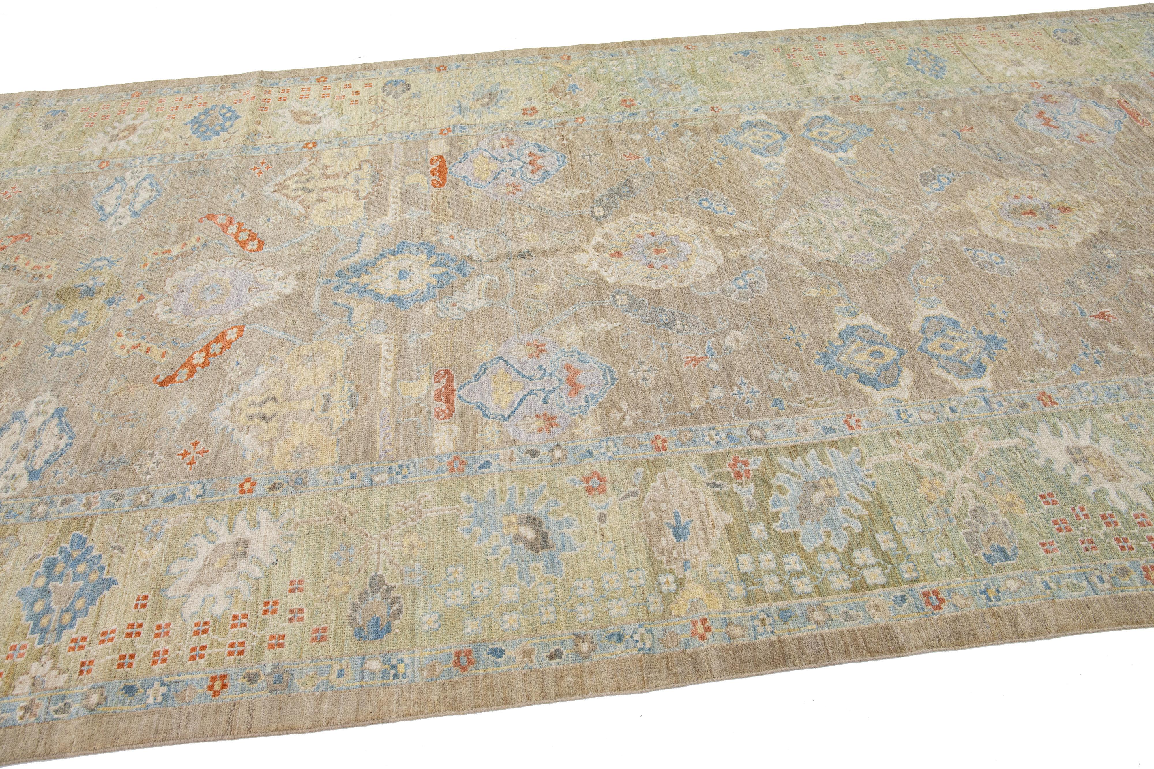 Modern Sultanabad Brown Handmade Floral Pattern Wool Runner For Sale 1