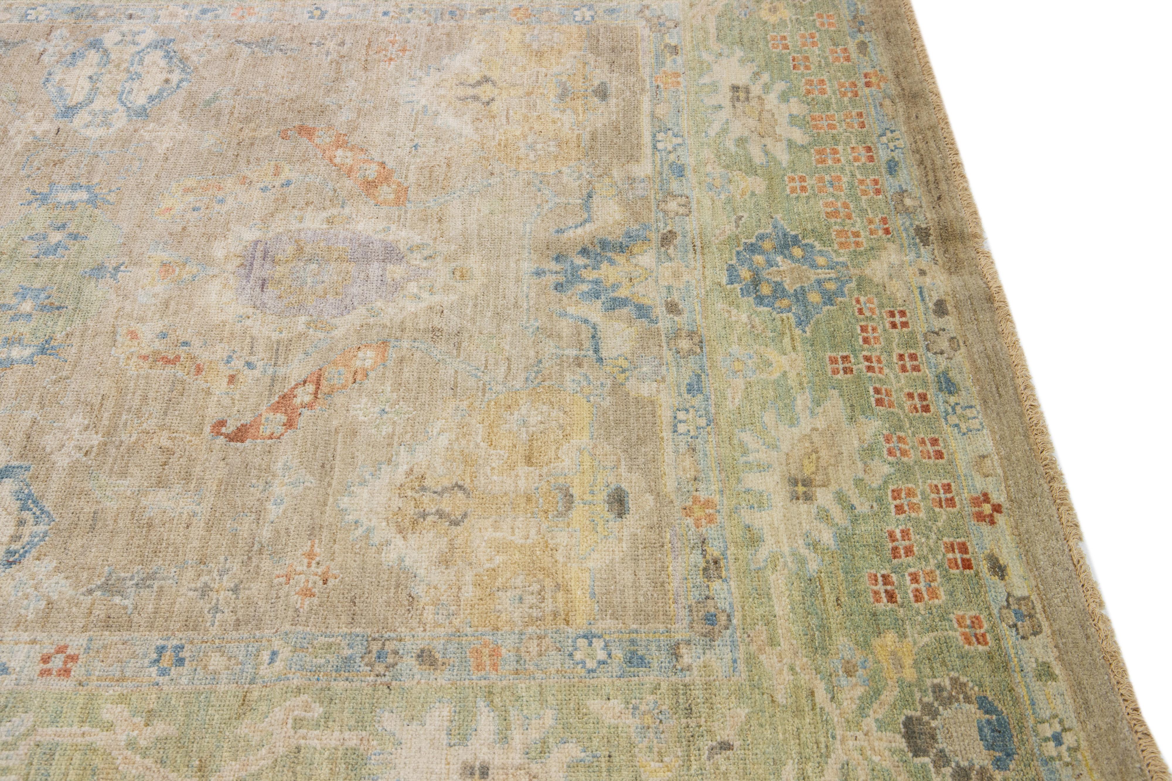 Moderner moderner brauner handgefertigter Woll-Läufer mit Blumenmuster von Sultanabad im Angebot 2