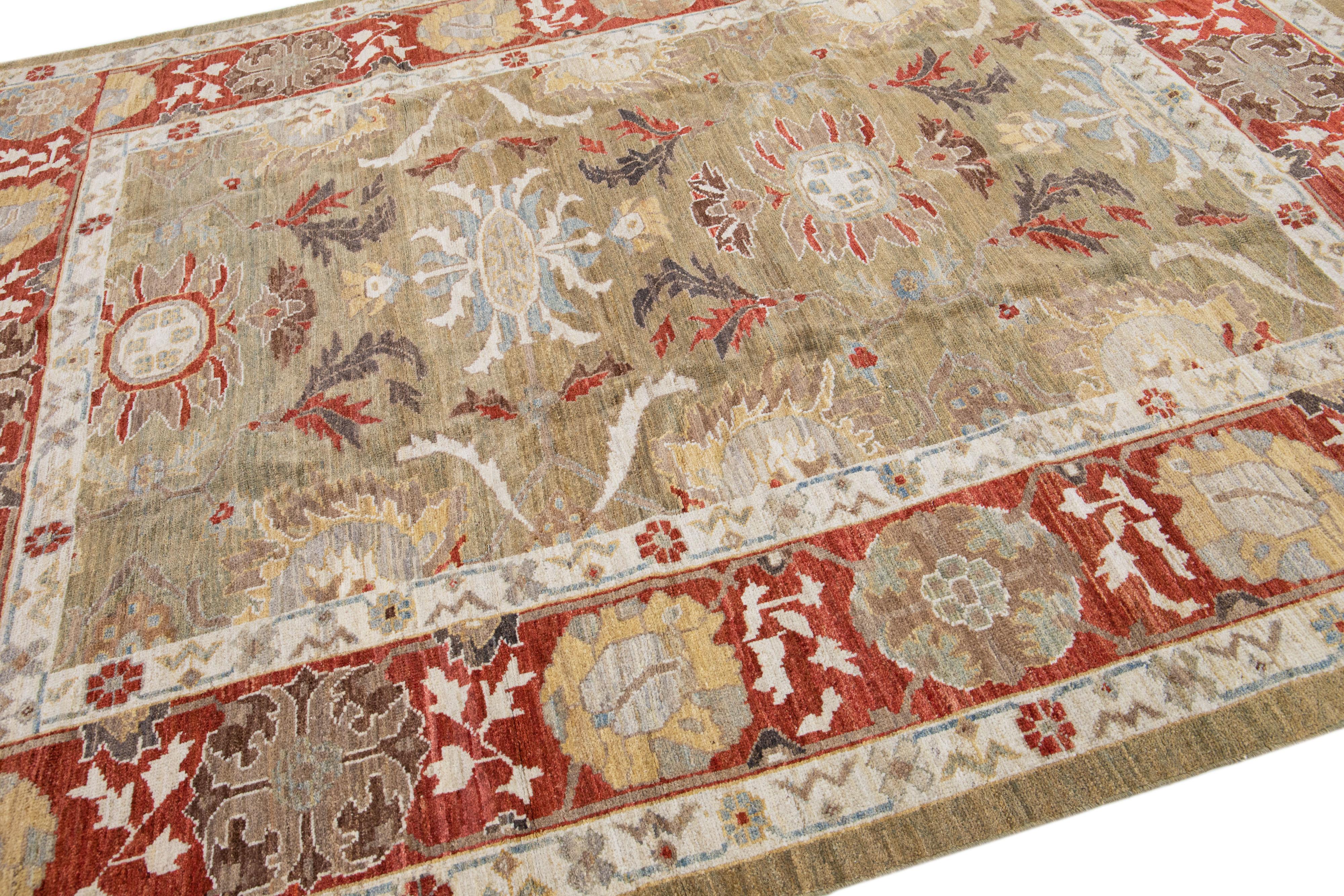 Hand-Knotted Modern Sultanabad Brown Handmade Floral Wool Rug For Sale