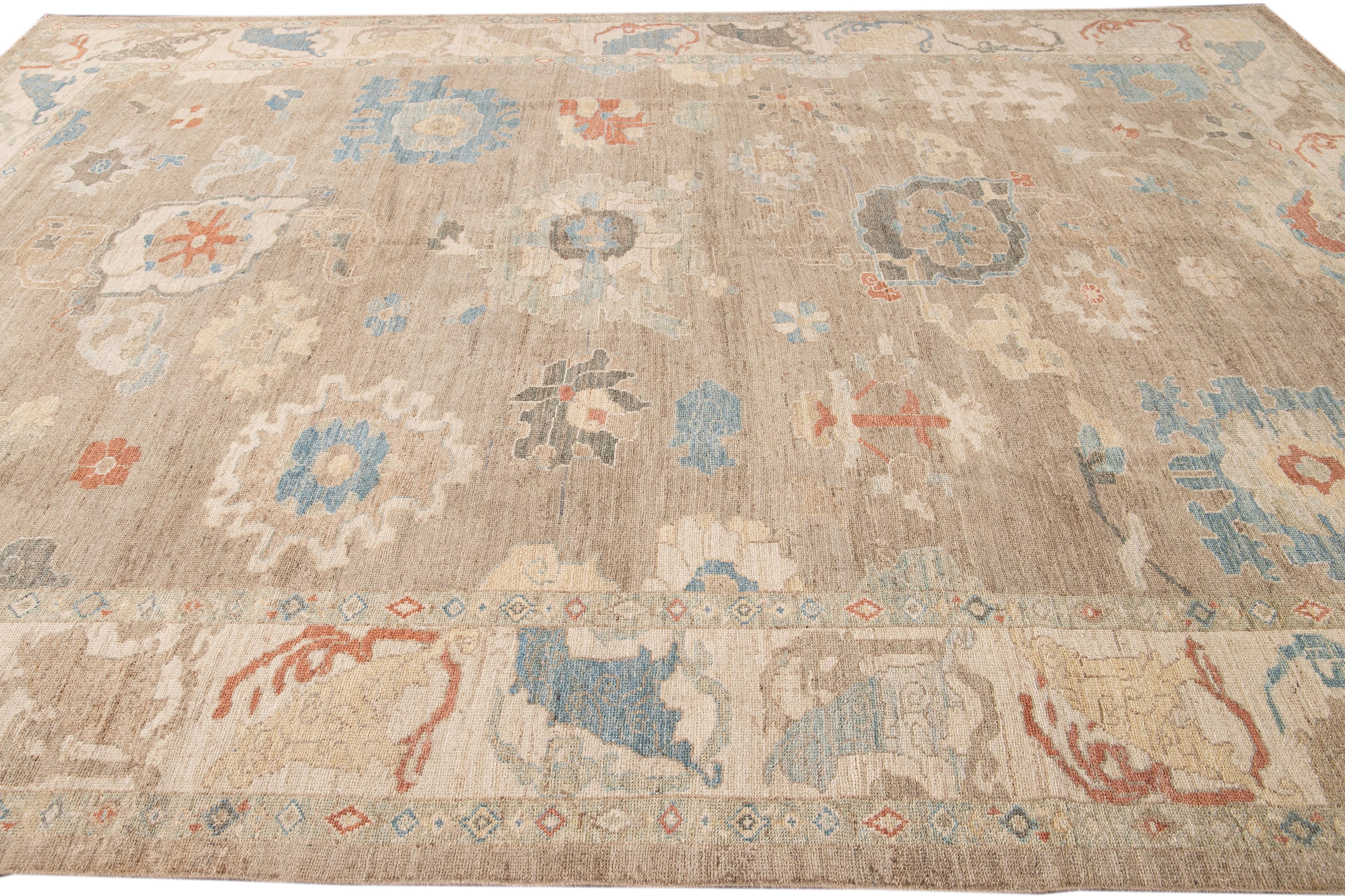 Contemporary Modern Sultanabad Brown Handmade Floral Wool Rug For Sale