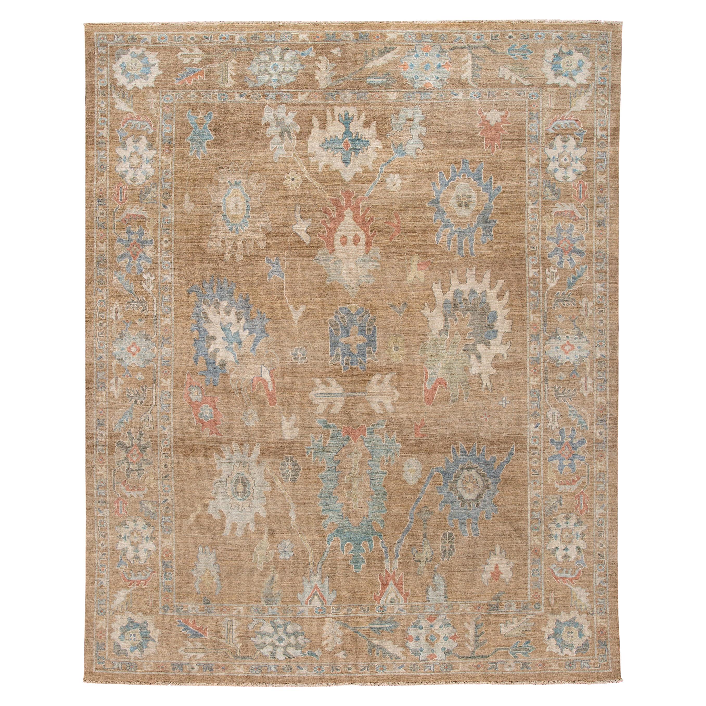 Modern Sultanabad Brown Handmade Floral Wool Rug For Sale