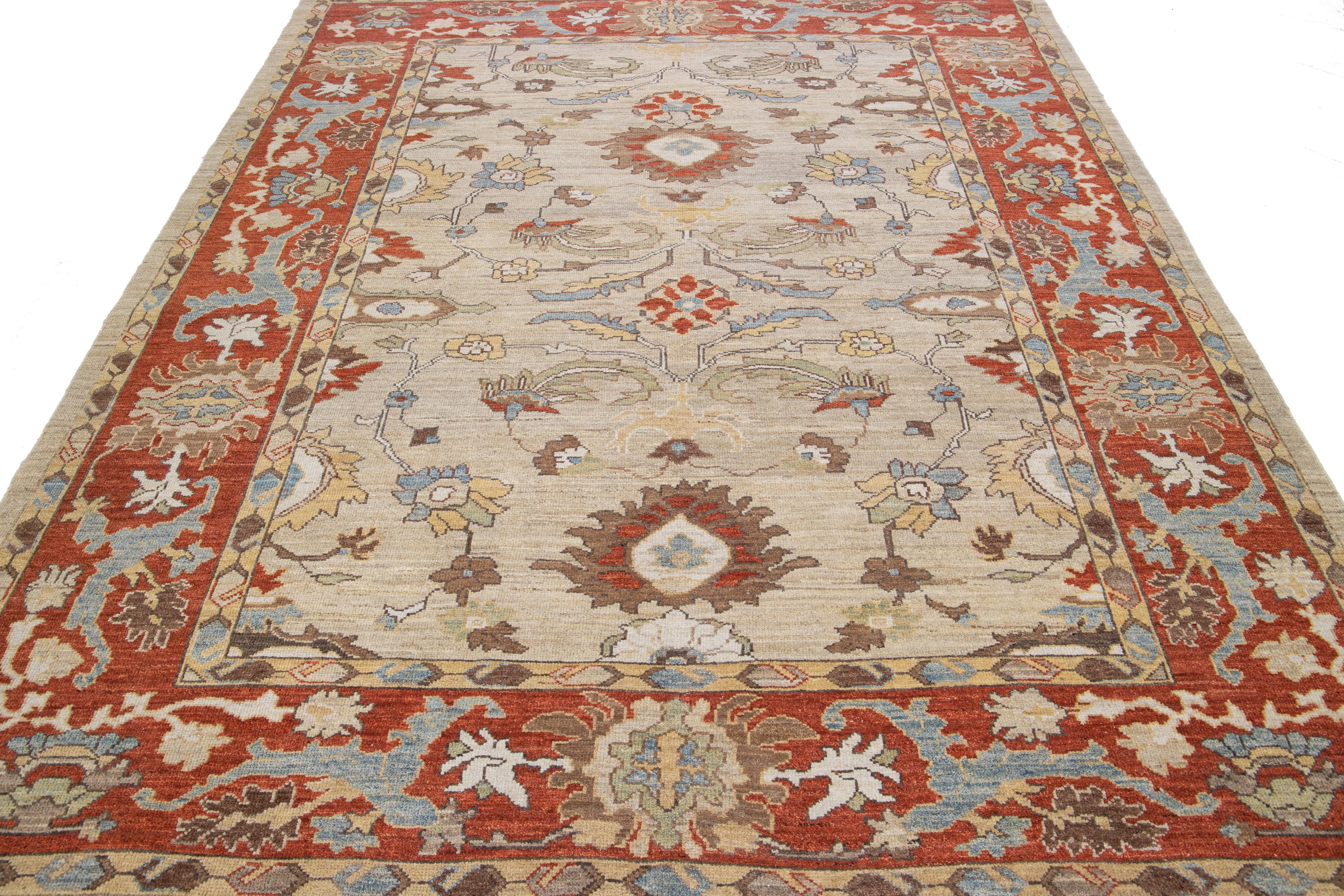 Islamic Modern Sultanabad Brown & Rust Handmade Wool Rug with Floral Pattern For Sale