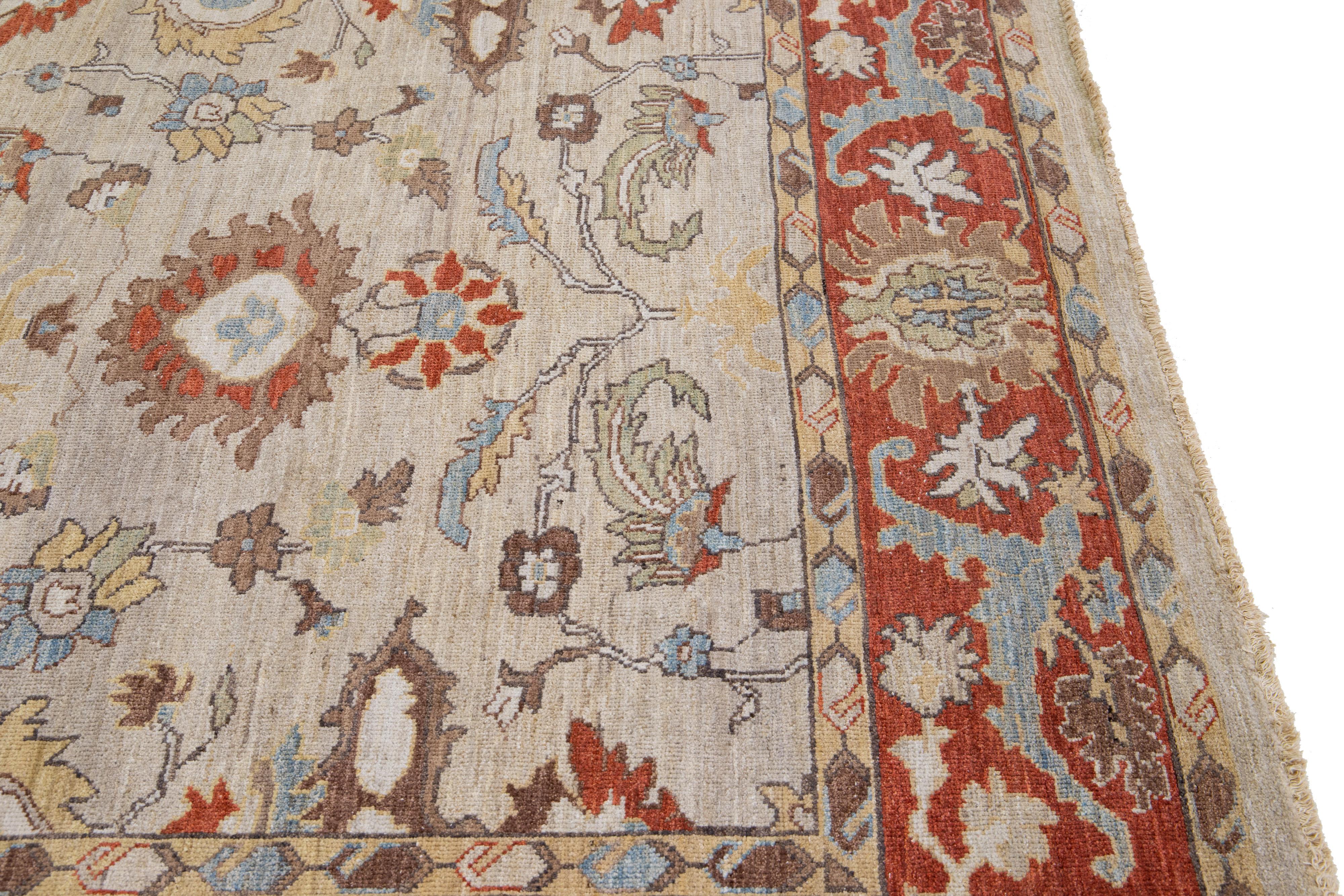 Persian Modern Sultanabad Brown & Rust Handmade Wool Rug with Floral Pattern For Sale