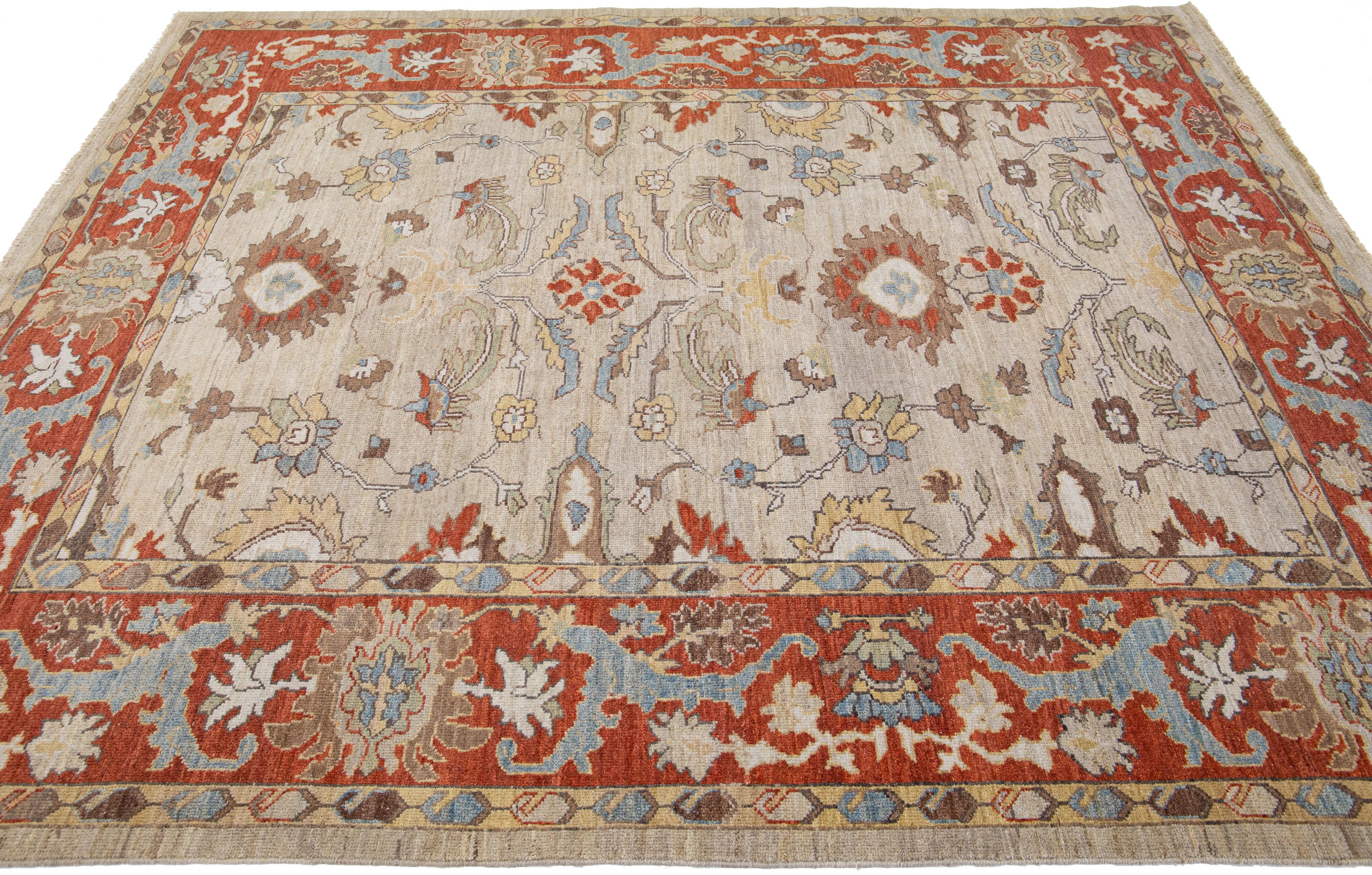 Hand-Knotted Modern Sultanabad Brown & Rust Handmade Wool Rug with Floral Pattern For Sale