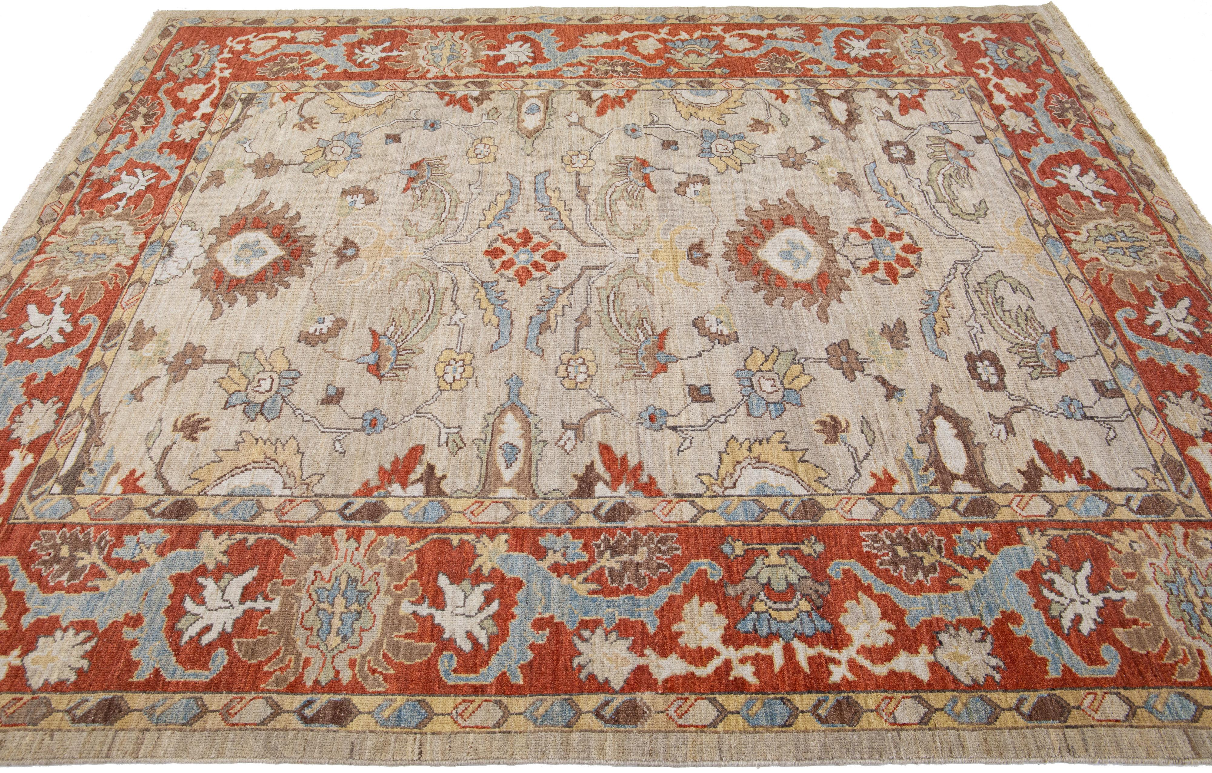 Moderner moderner handgefertigter Sultanabad-Wollteppich in Braun und Rost mit Blumenmuster (Handgeknüpft) im Angebot
