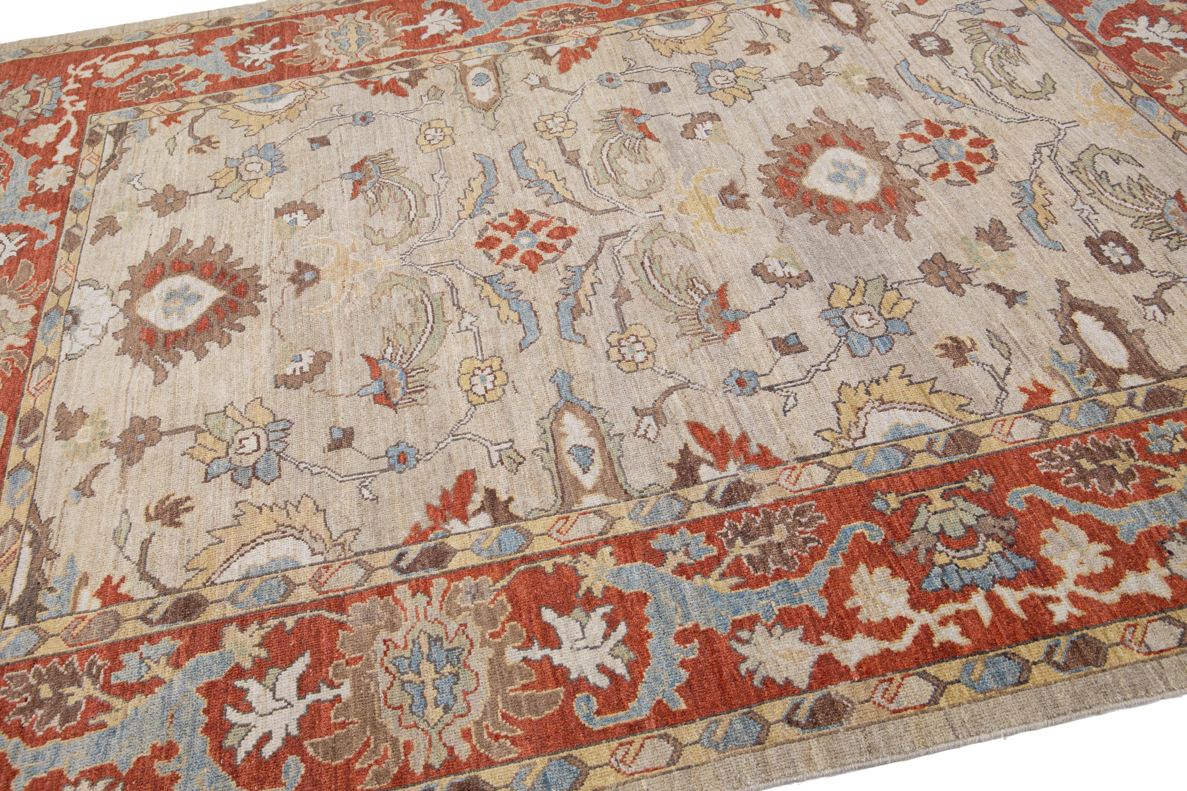 Moderner moderner handgefertigter Sultanabad-Wollteppich in Braun und Rost mit Blumenmuster im Zustand „Neu“ im Angebot in Norwalk, CT