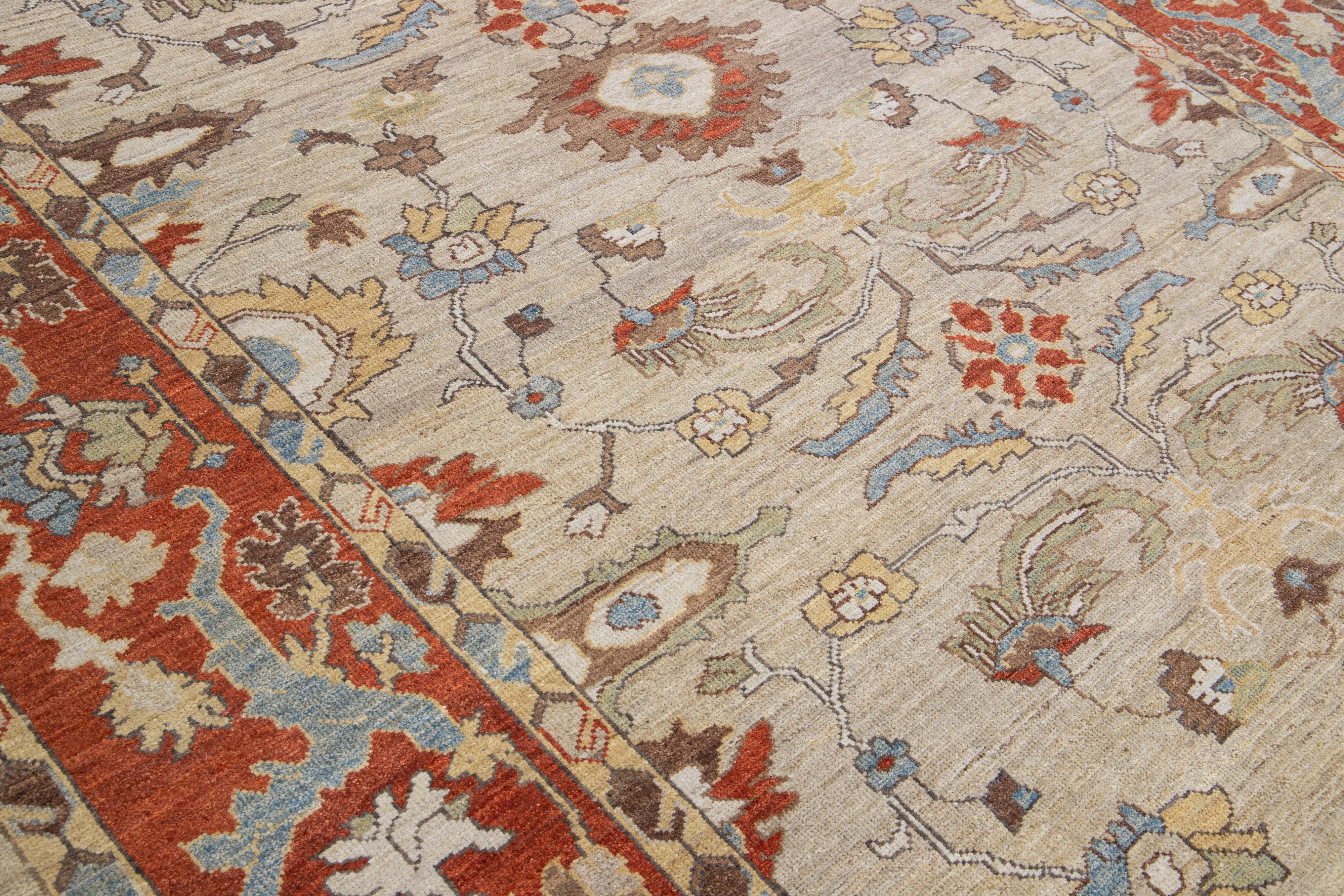 Moderner moderner handgefertigter Sultanabad-Wollteppich in Braun und Rost mit Blumenmuster (Wolle) im Angebot