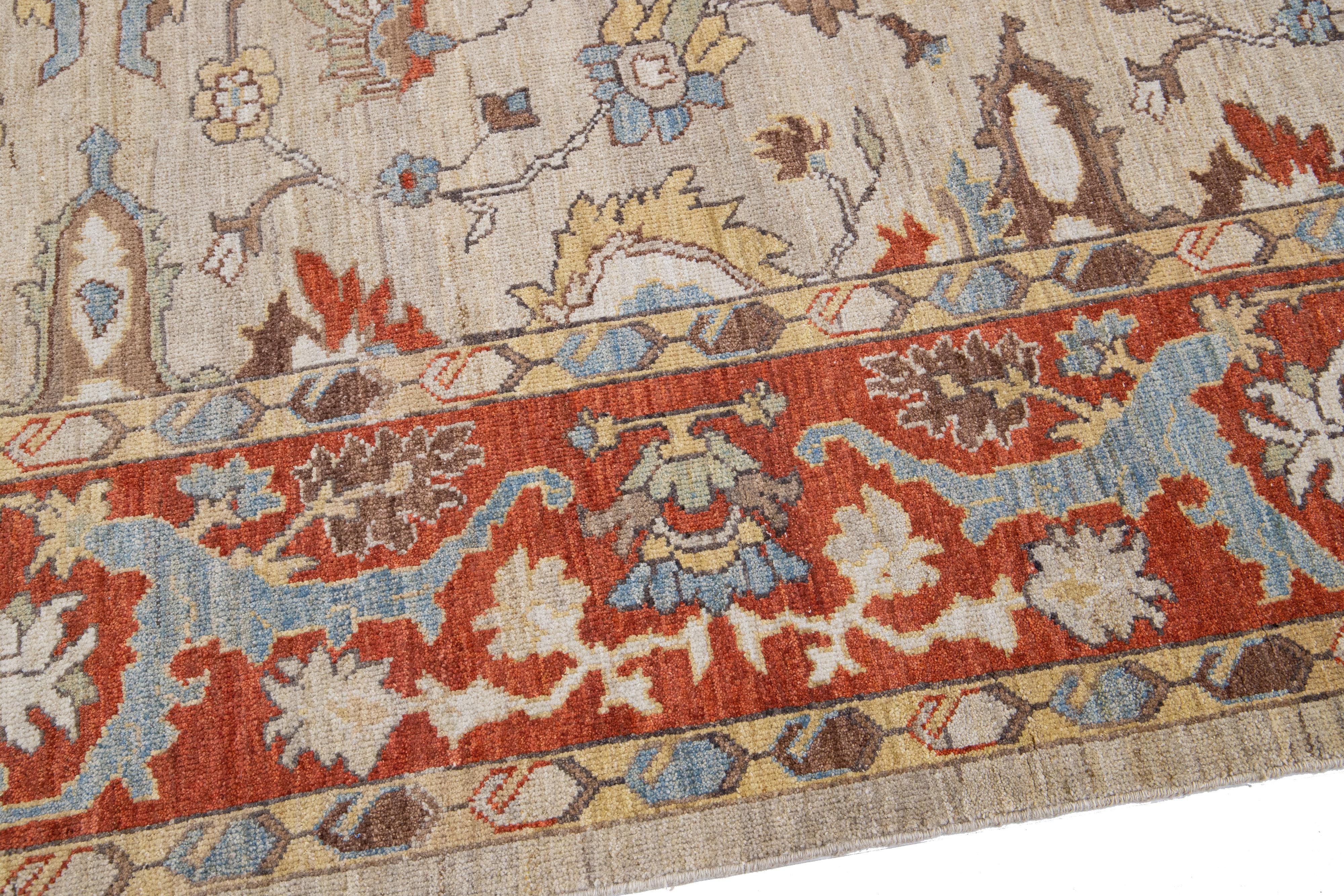 Moderner moderner handgefertigter Sultanabad-Wollteppich in Braun und Rost mit Blumenmuster im Angebot 1