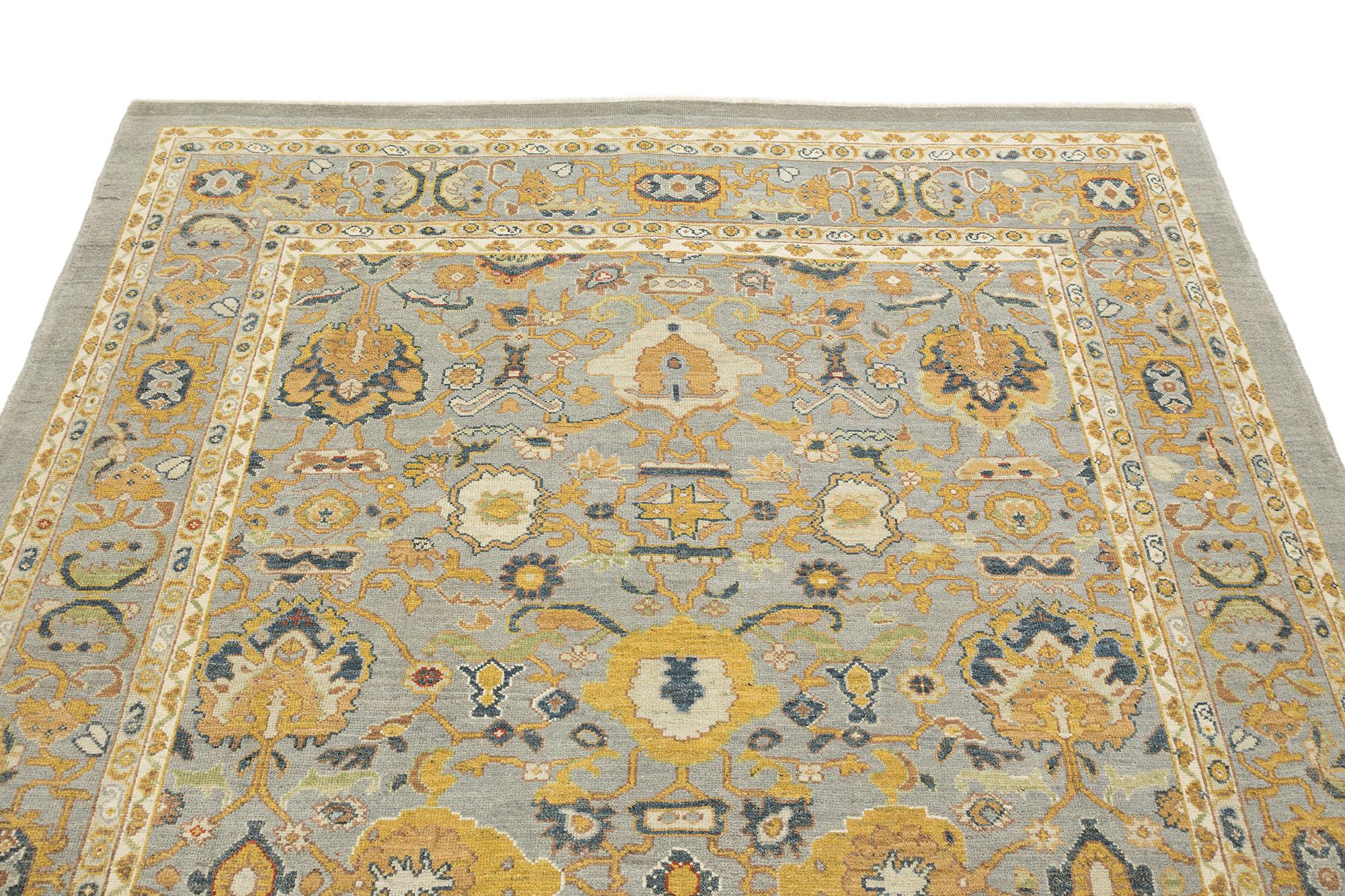 Modernes Sultanabad (sanftes Grau-Blau, Goldgelb und Elfenbein)  12'6