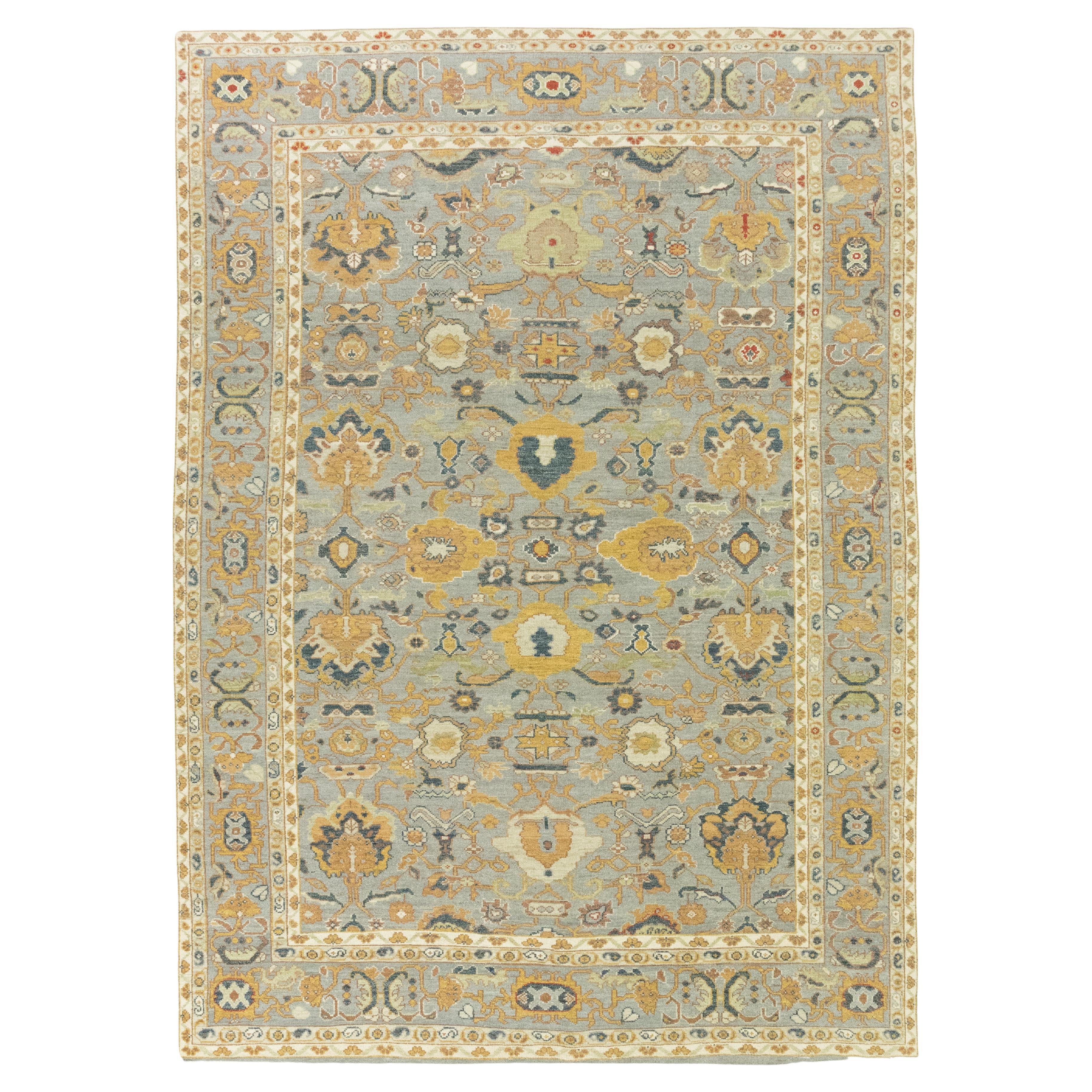 Modernes Sultanabad (sanftes Grau-Blau, Goldgelb und Elfenbein)  12'6" × 9'3") im Angebot