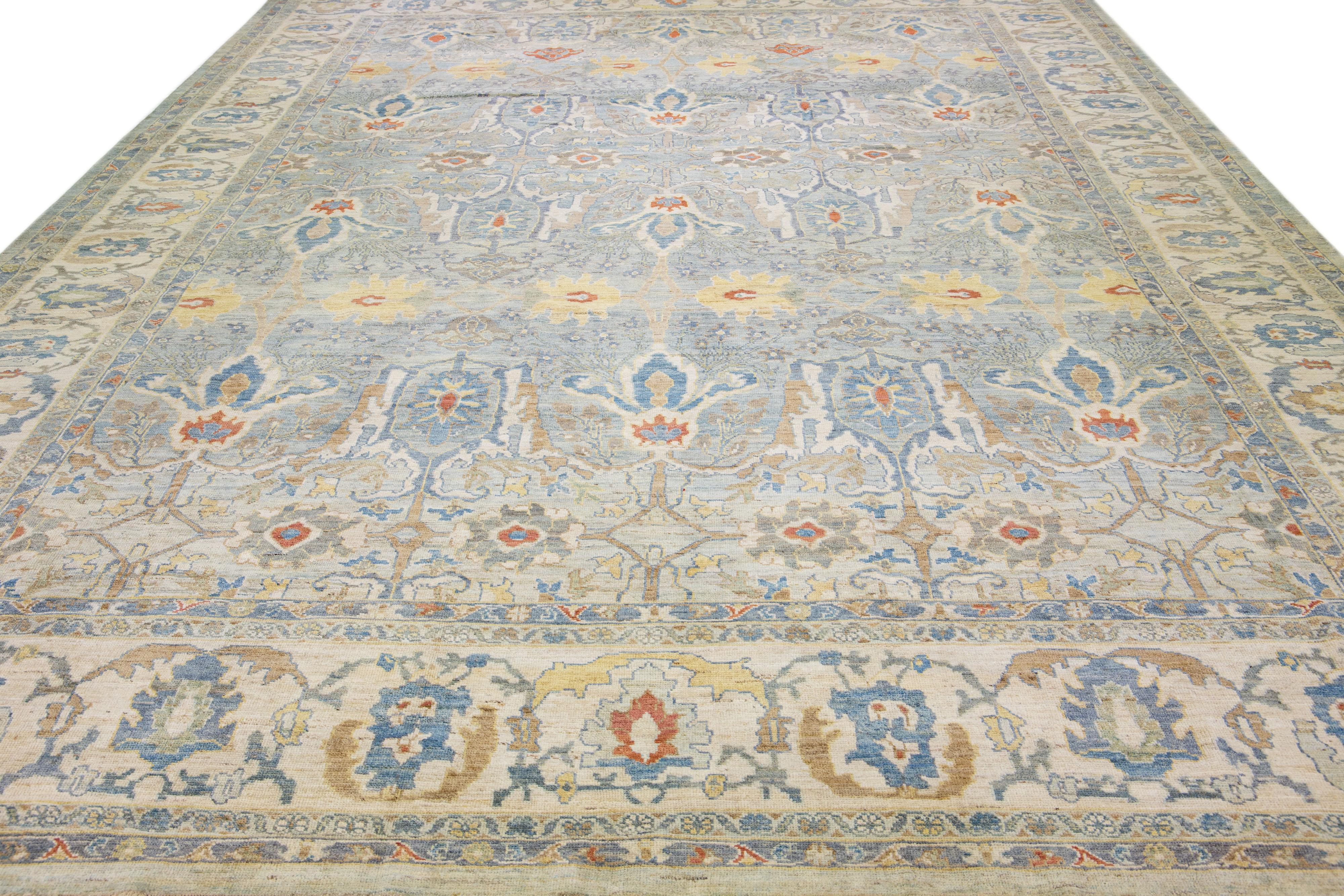 Persian Modern Sultanabad Gray Handmade Floral Design Wool Rug For Sale