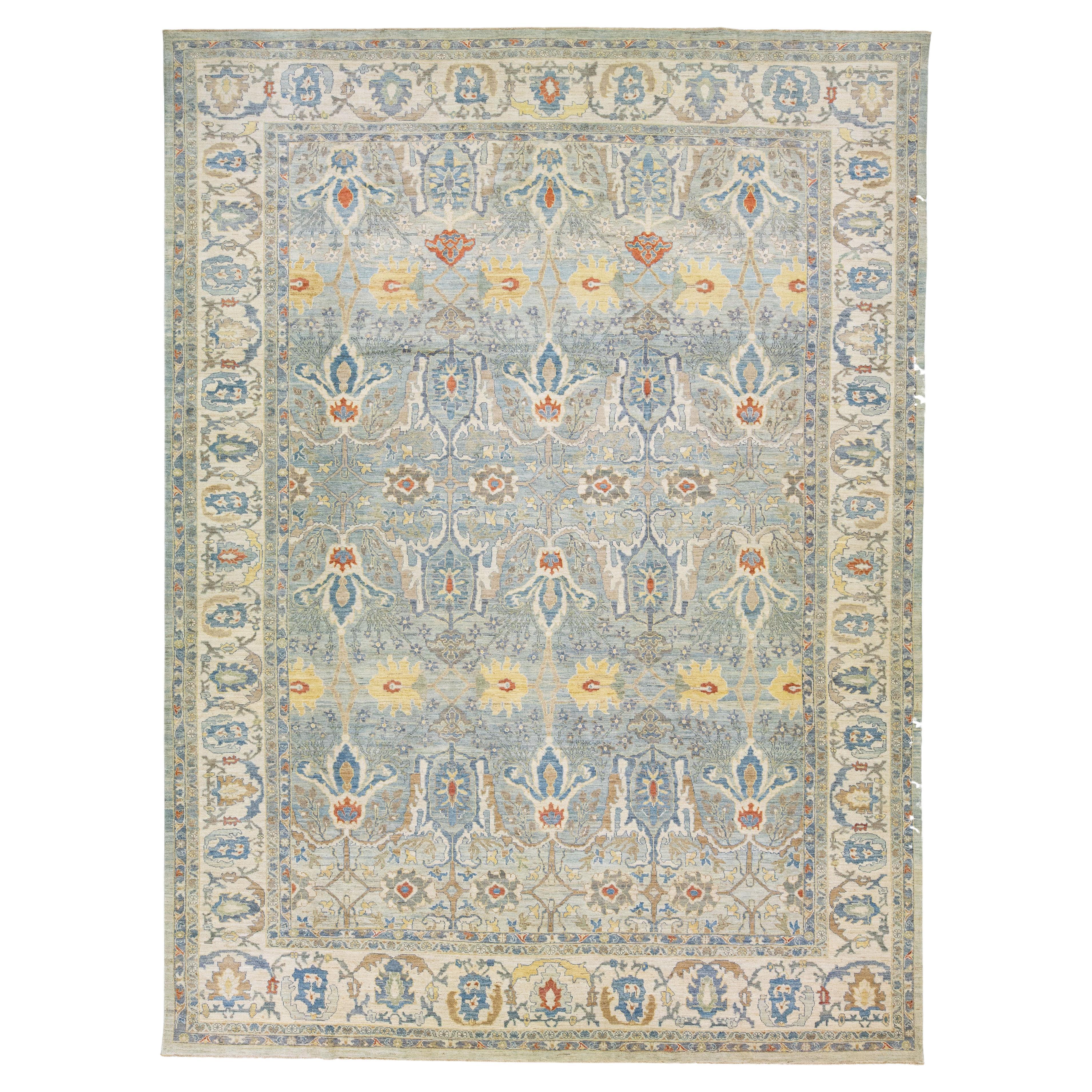 Modern Sultanabad Gray Handmade Floral Design Wool Rug For Sale