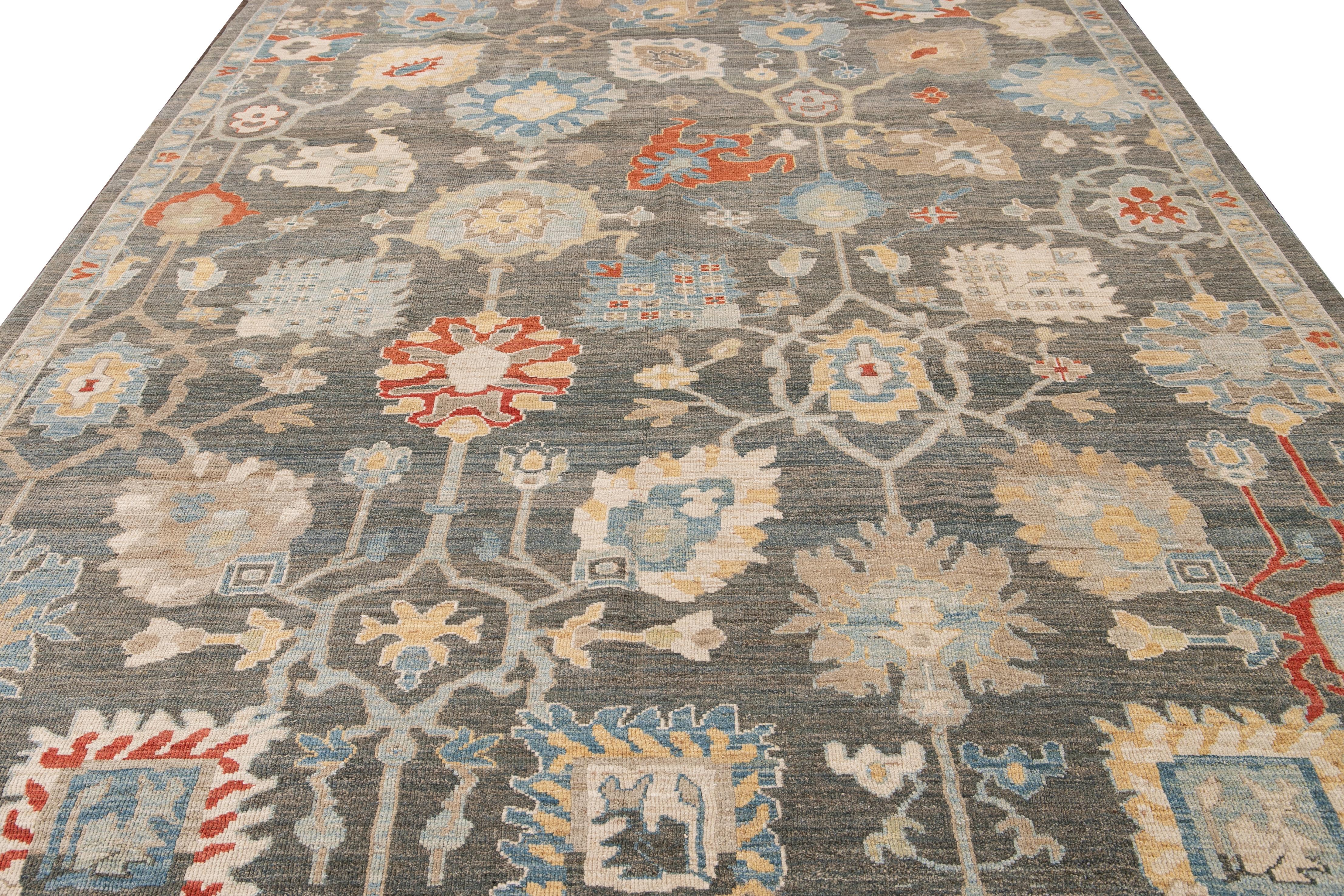 Persian Modern Sultanabad Gray Handmade Floral Designed Wool Rug For Sale