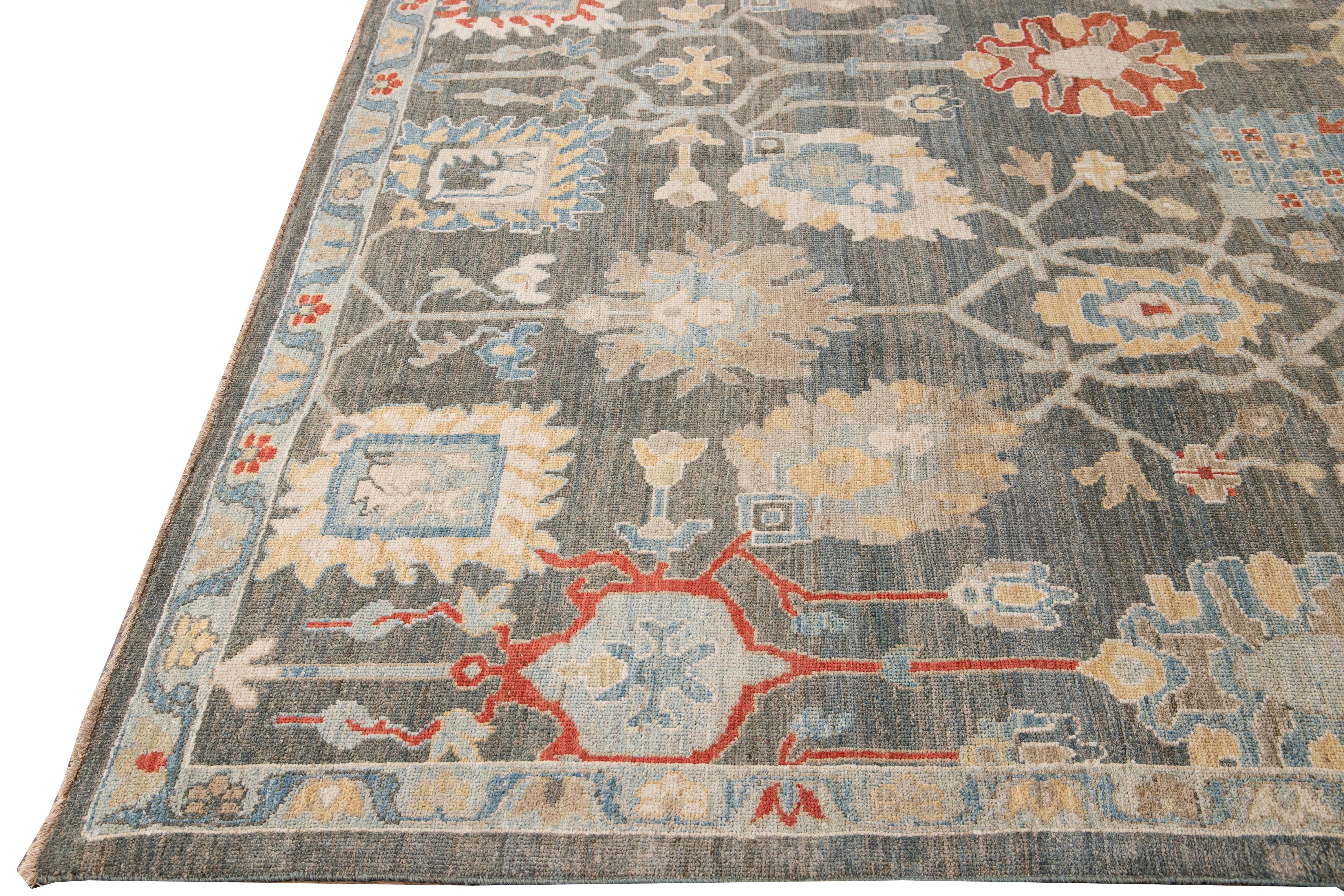 Hand-Knotted Modern Sultanabad Gray Handmade Floral Designed Wool Rug For Sale
