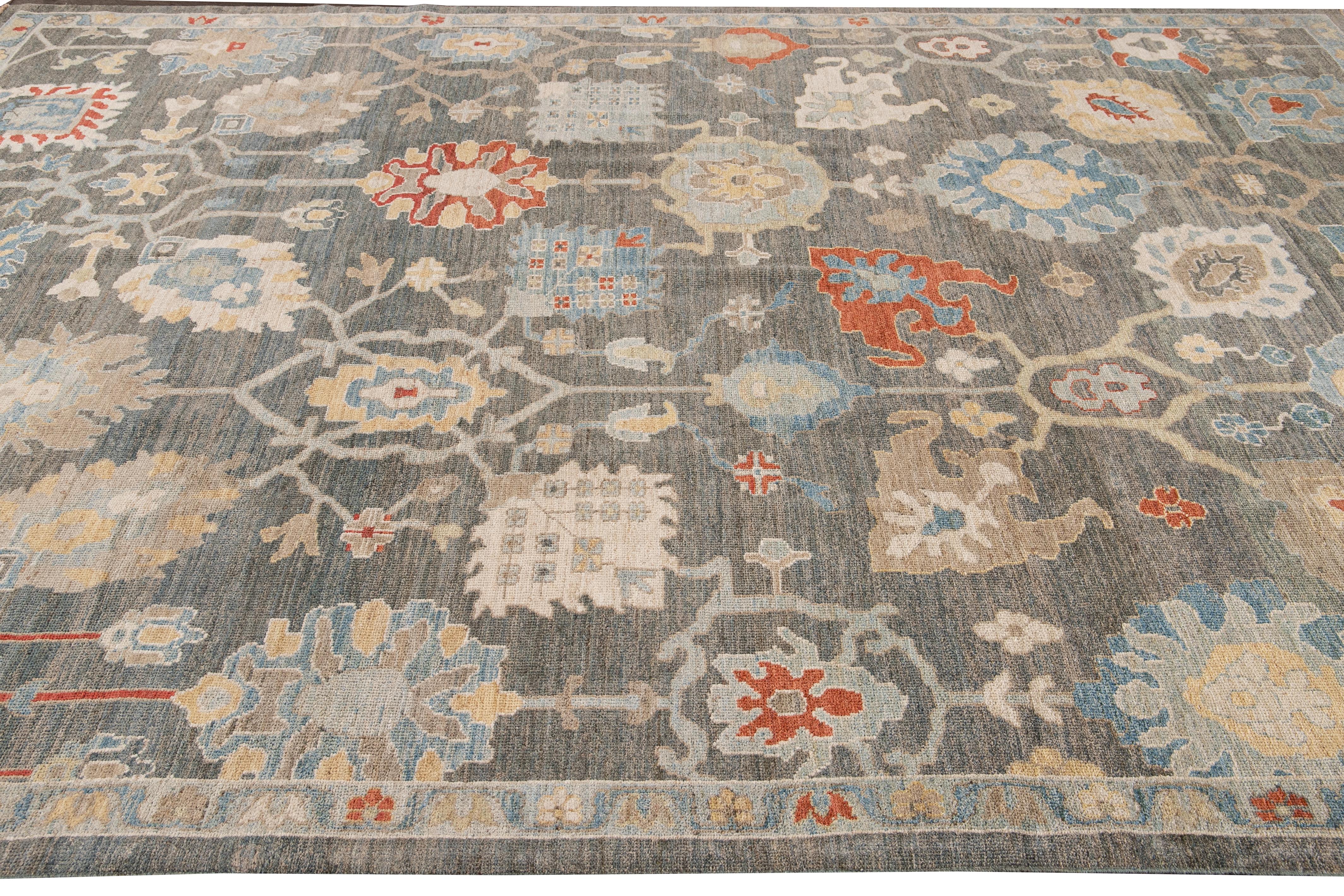 Contemporary Modern Sultanabad Gray Handmade Floral Designed Wool Rug For Sale