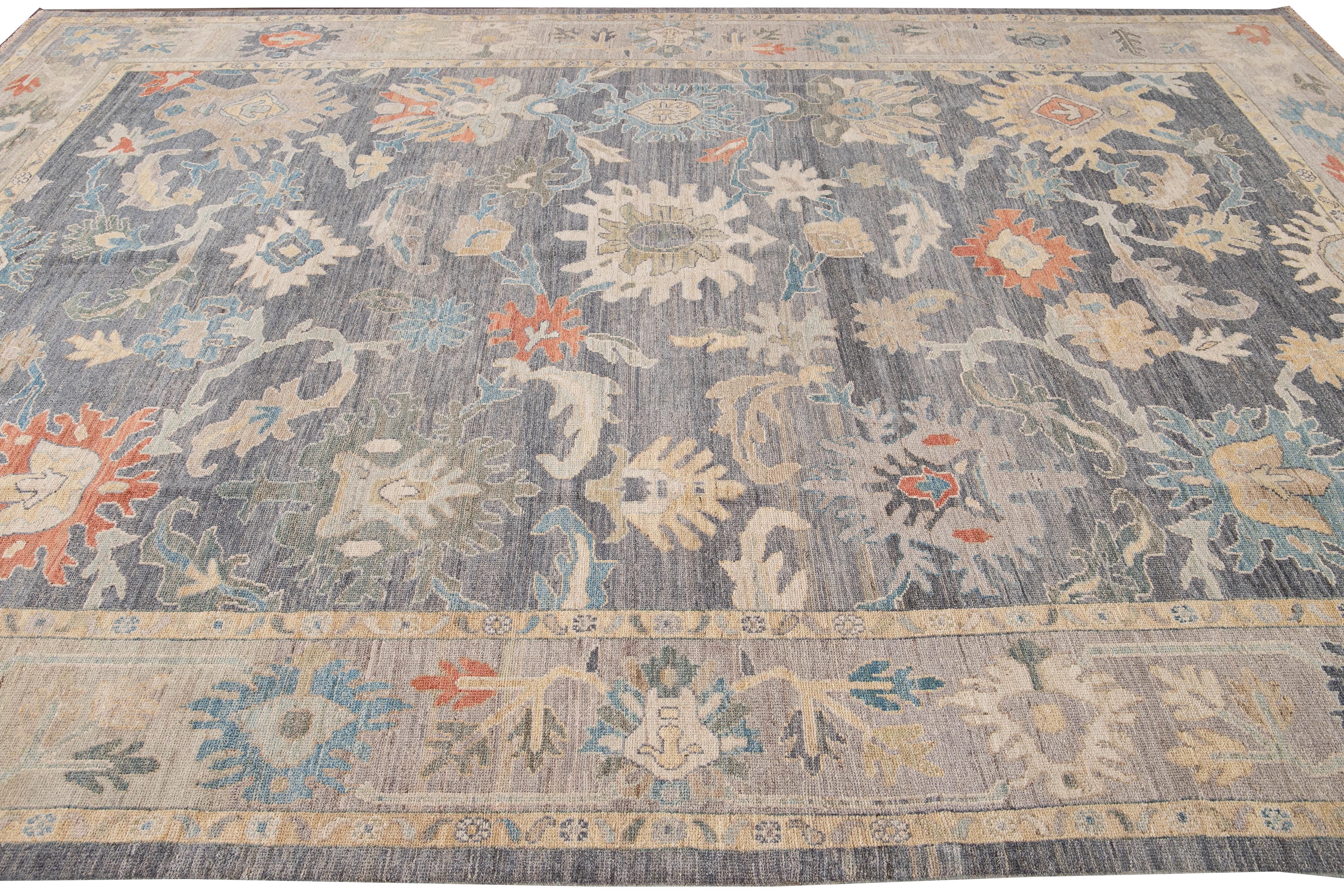 Contemporary Modern Sultanabad Gray Handmade Geometric Floral Wool Rug For Sale
