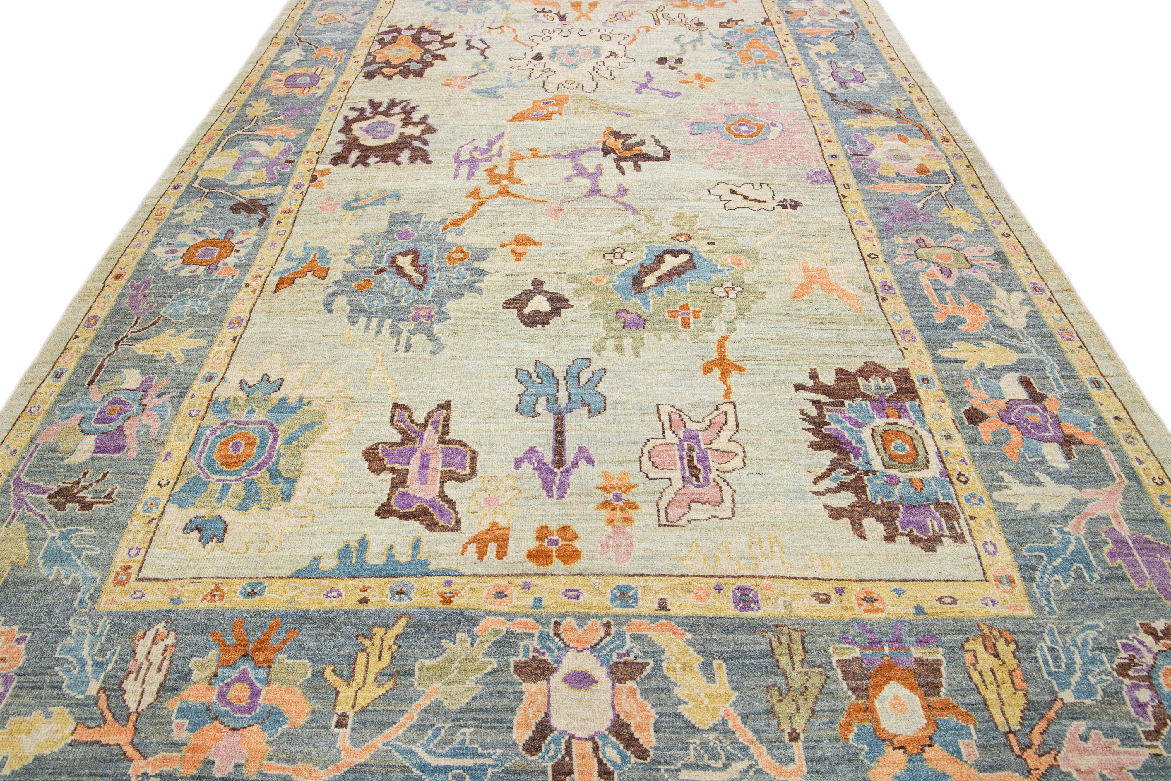 Persian Modern Sultanabad Green Handmade Floral Motif Wool Rug For Sale