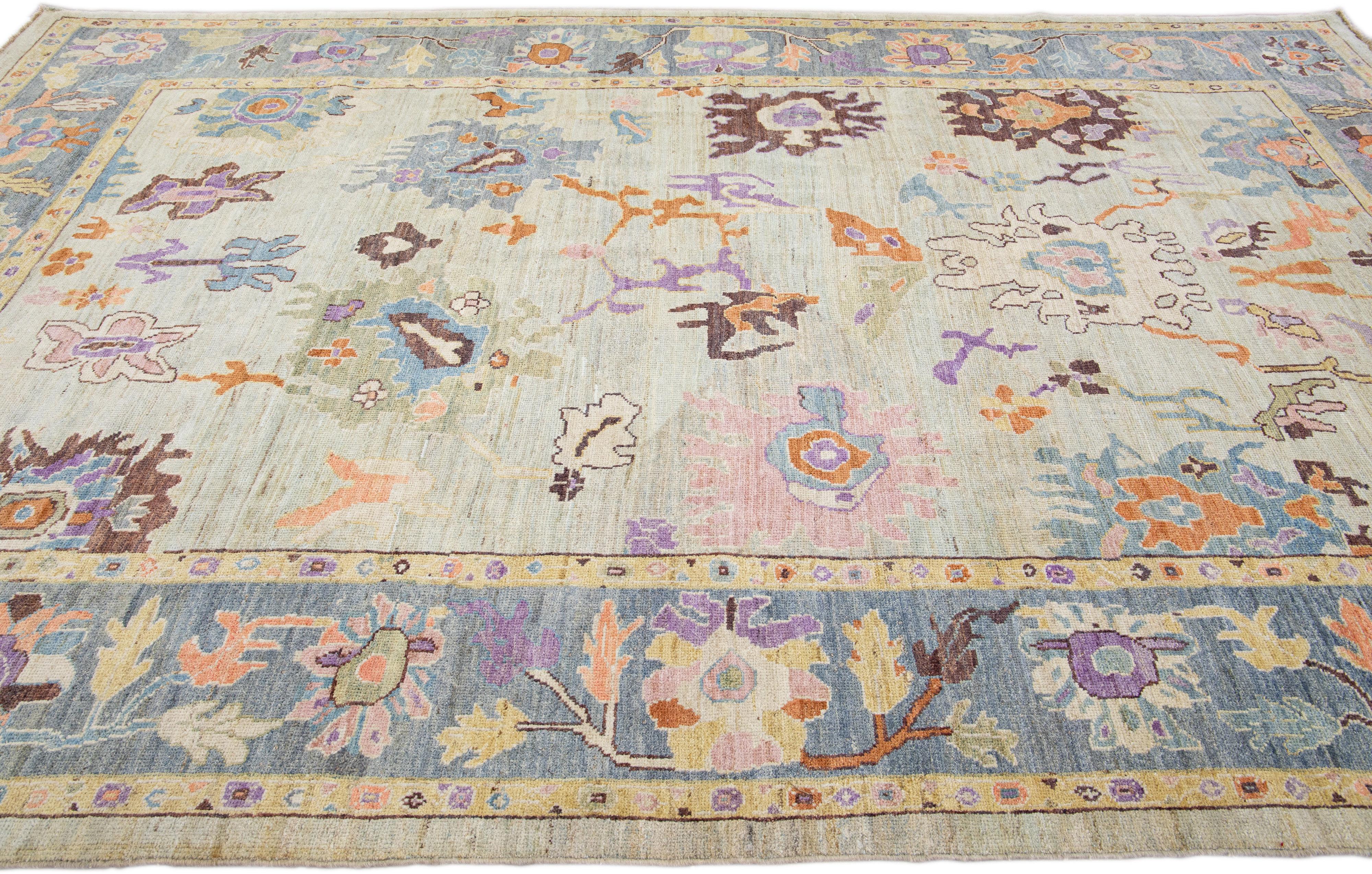 Hand-Knotted Modern Sultanabad Green Handmade Floral Motif Wool Rug For Sale