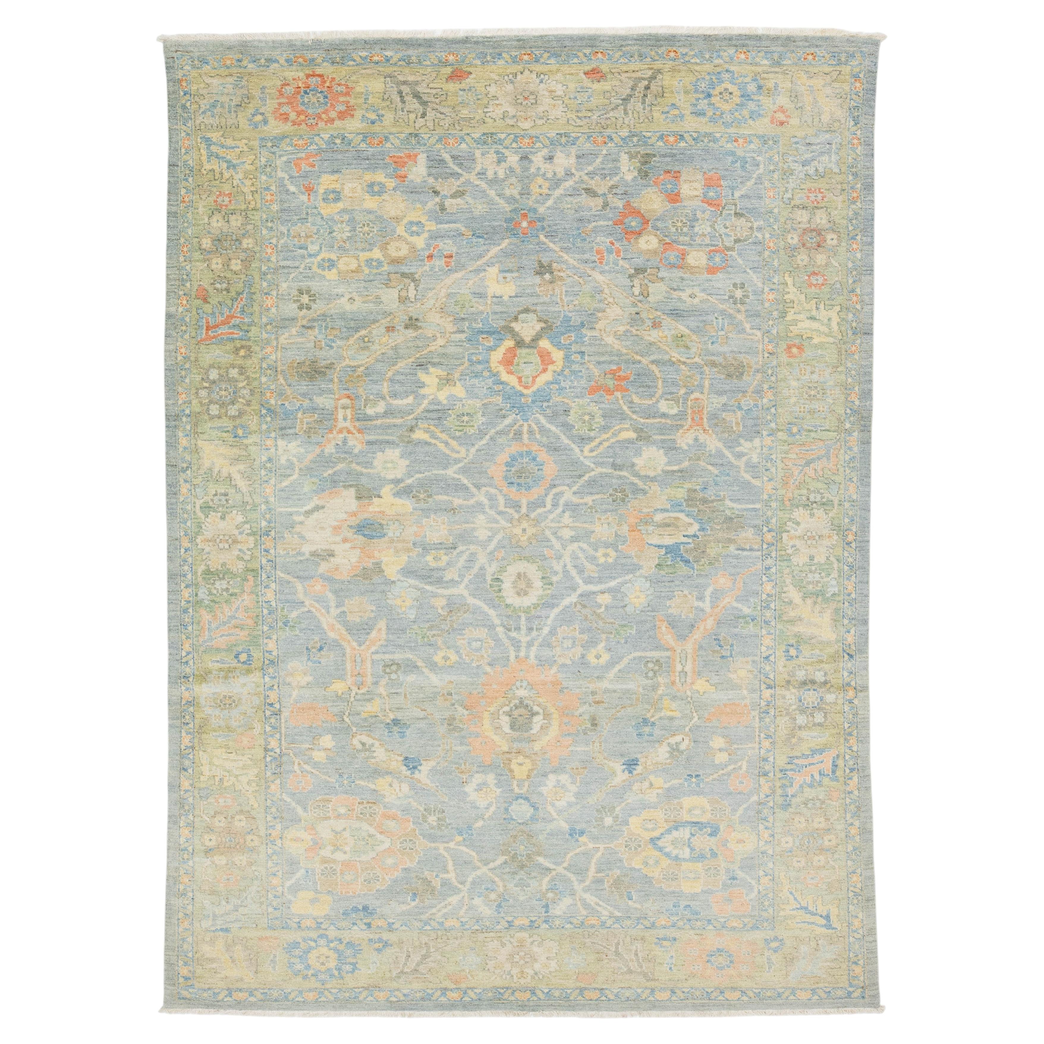 Modern Sultanabad Hand-Knotted Wool Area Rug – Serene Slate Blue & Terracotta For Sale