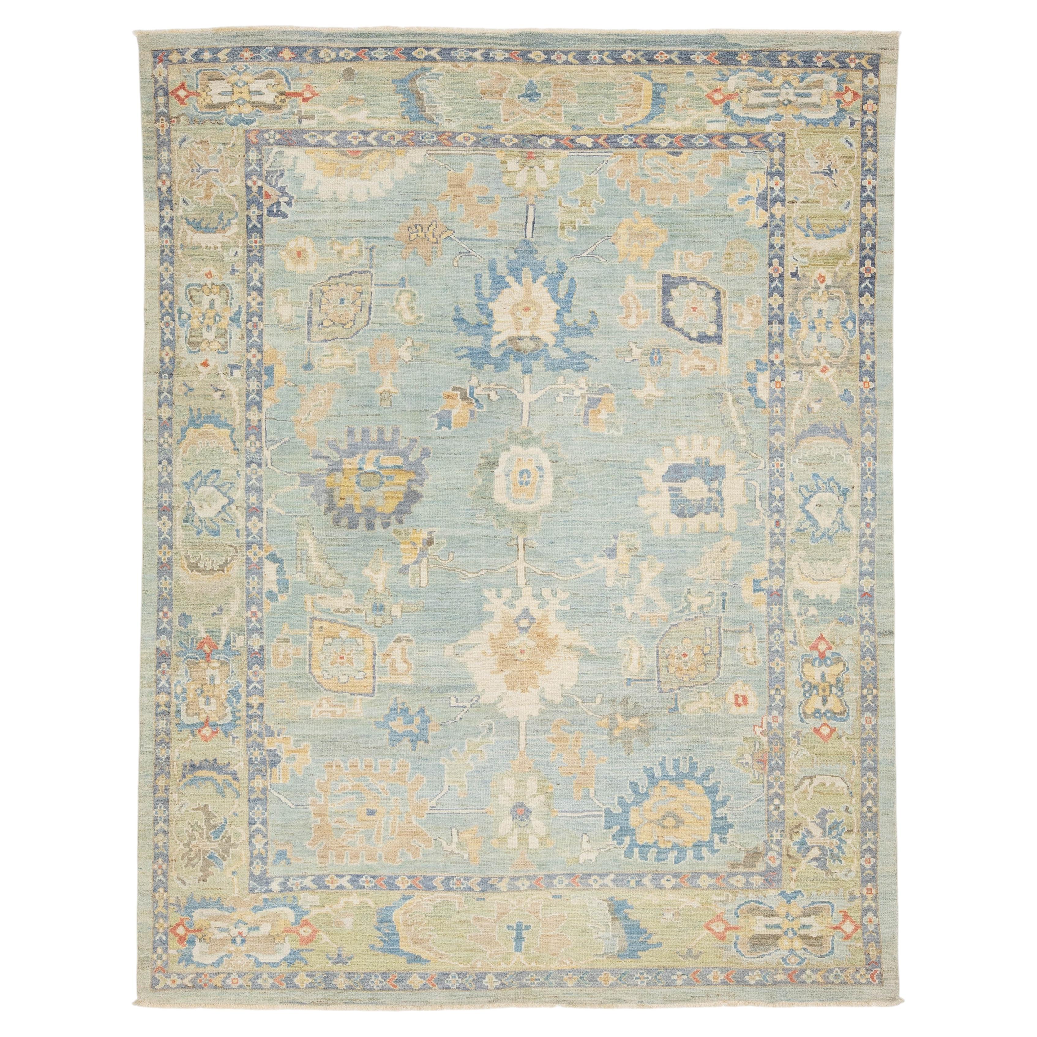 Modern Sultanabad Hand-Knotted Wool Area Rug – Soft Muted Blue & Sage 8 X 11