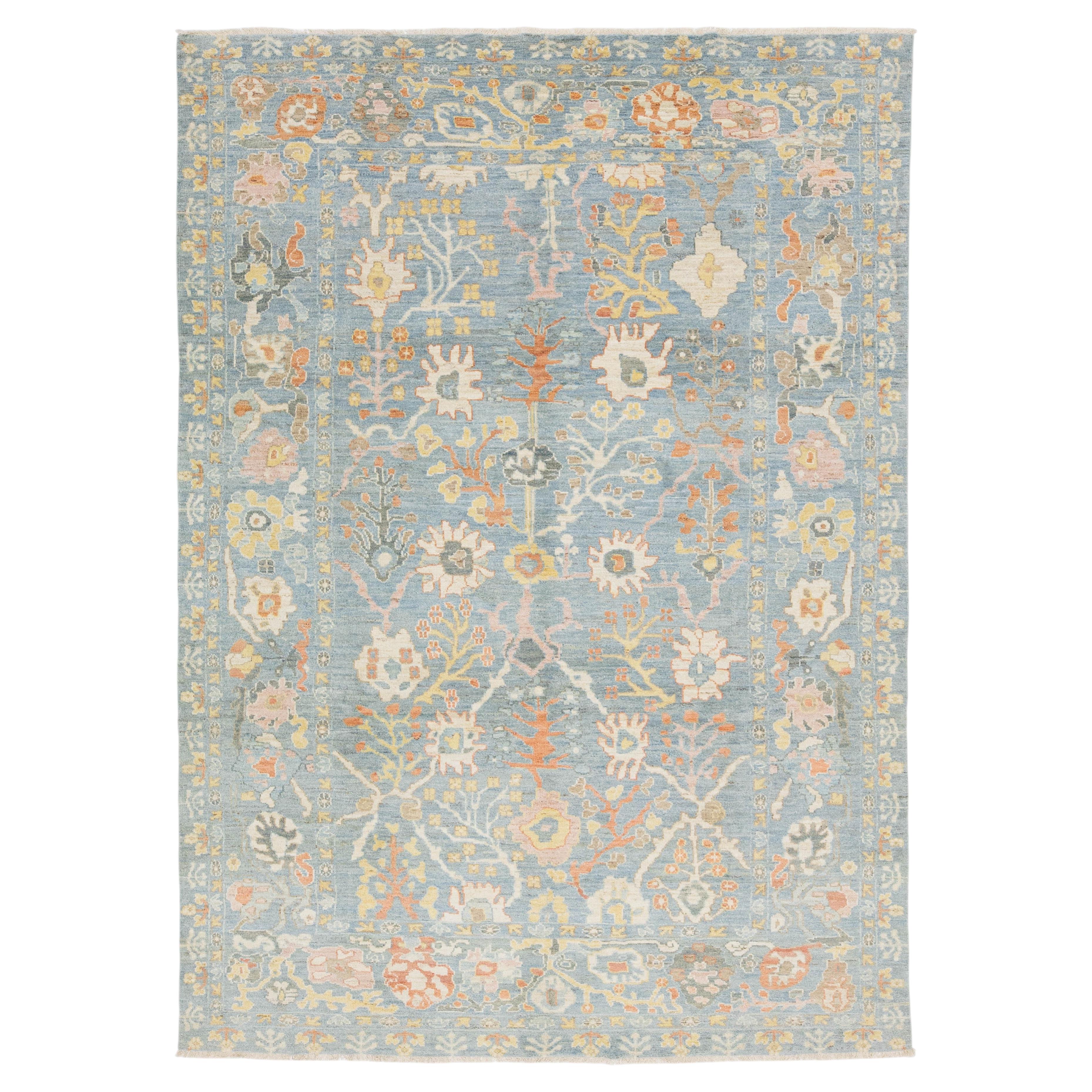 Modern Sultanabad Hand-Knotted Wool Rug – 9x12 Light Blue & Ivory Floral