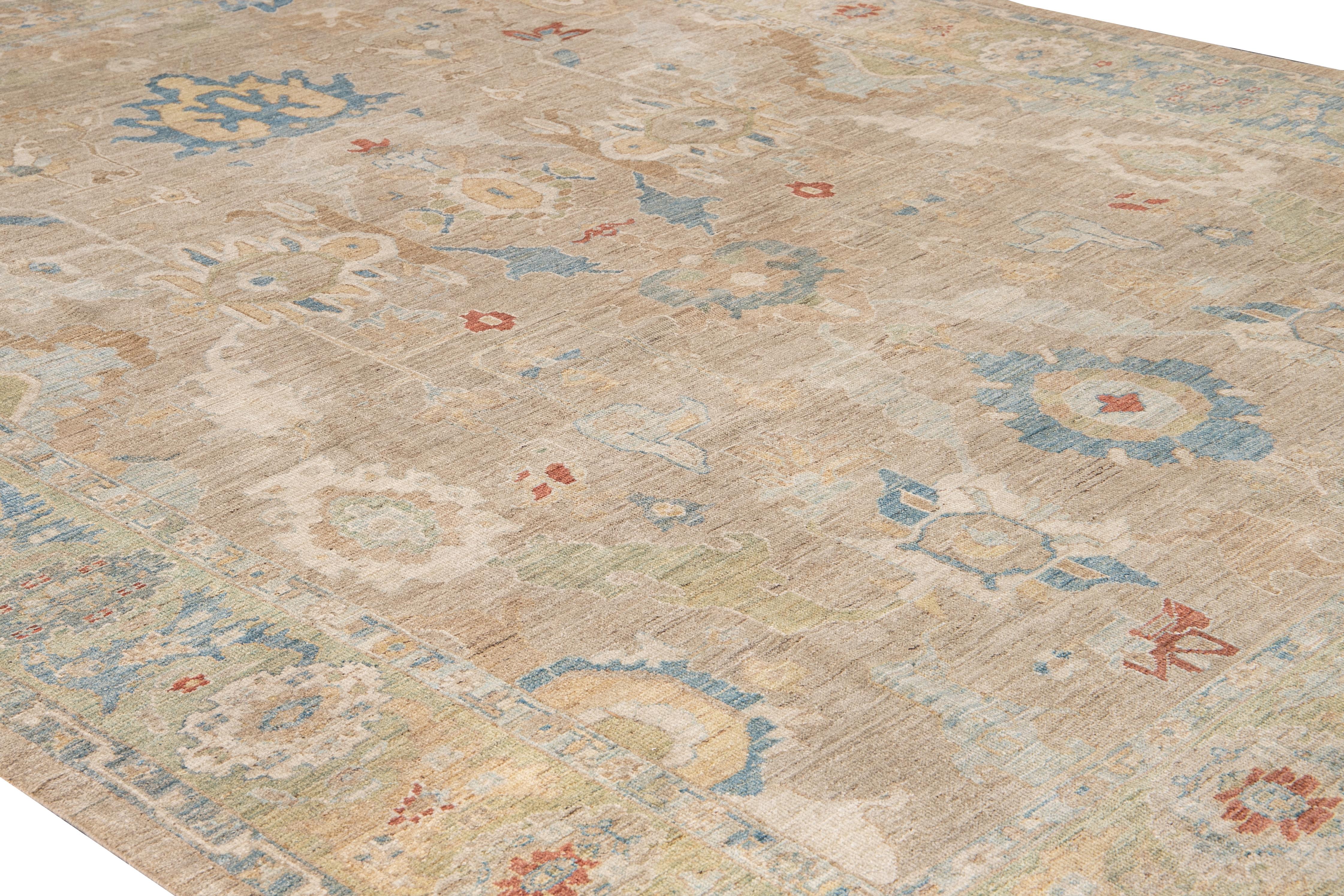 Laine Tapis moderne en laine beige et vert à fleurs Sultanabad fait à la main en vente