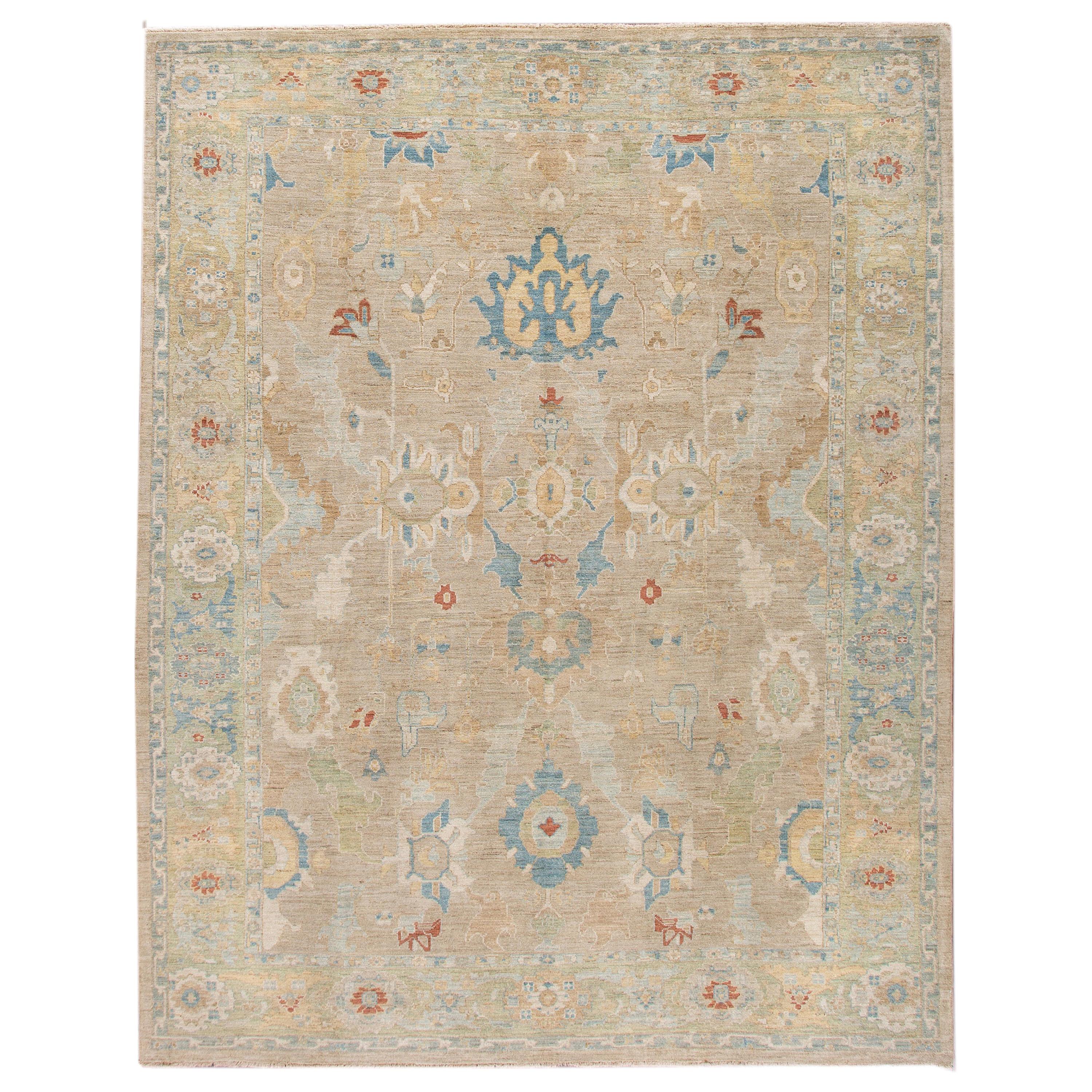 Tapis moderne en laine beige et vert à fleurs Sultanabad fait à la main en vente