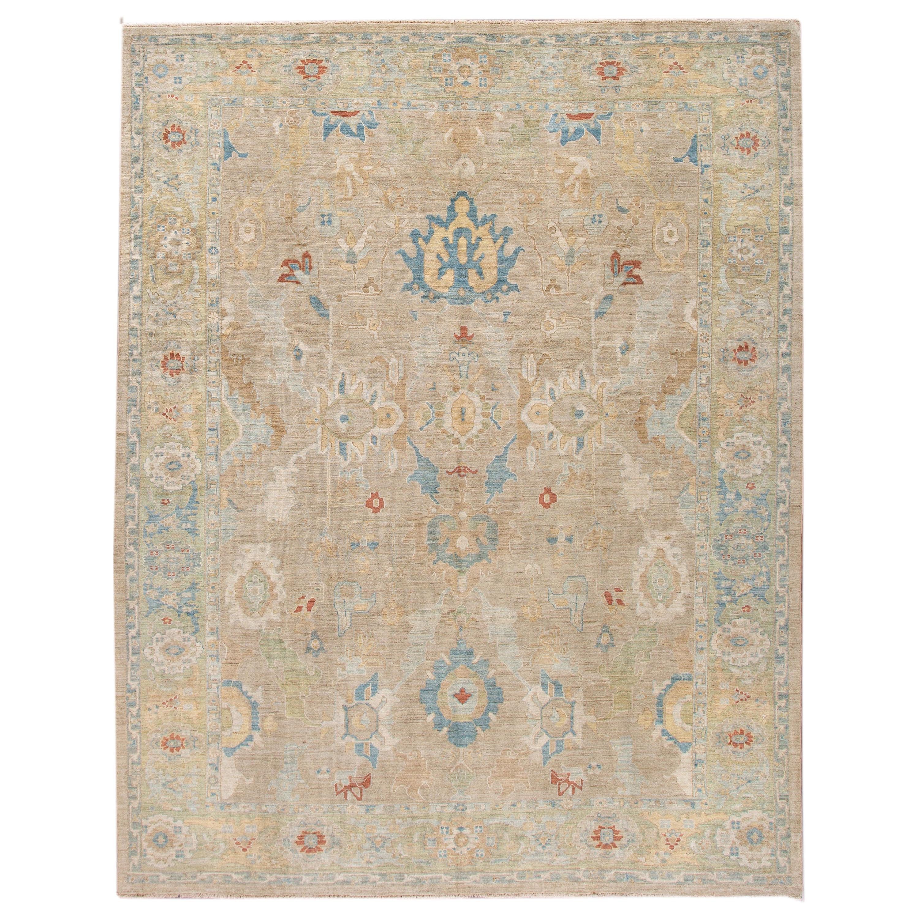 Modern Sultanabad Handmade Beige and Green Floral Wool Rug