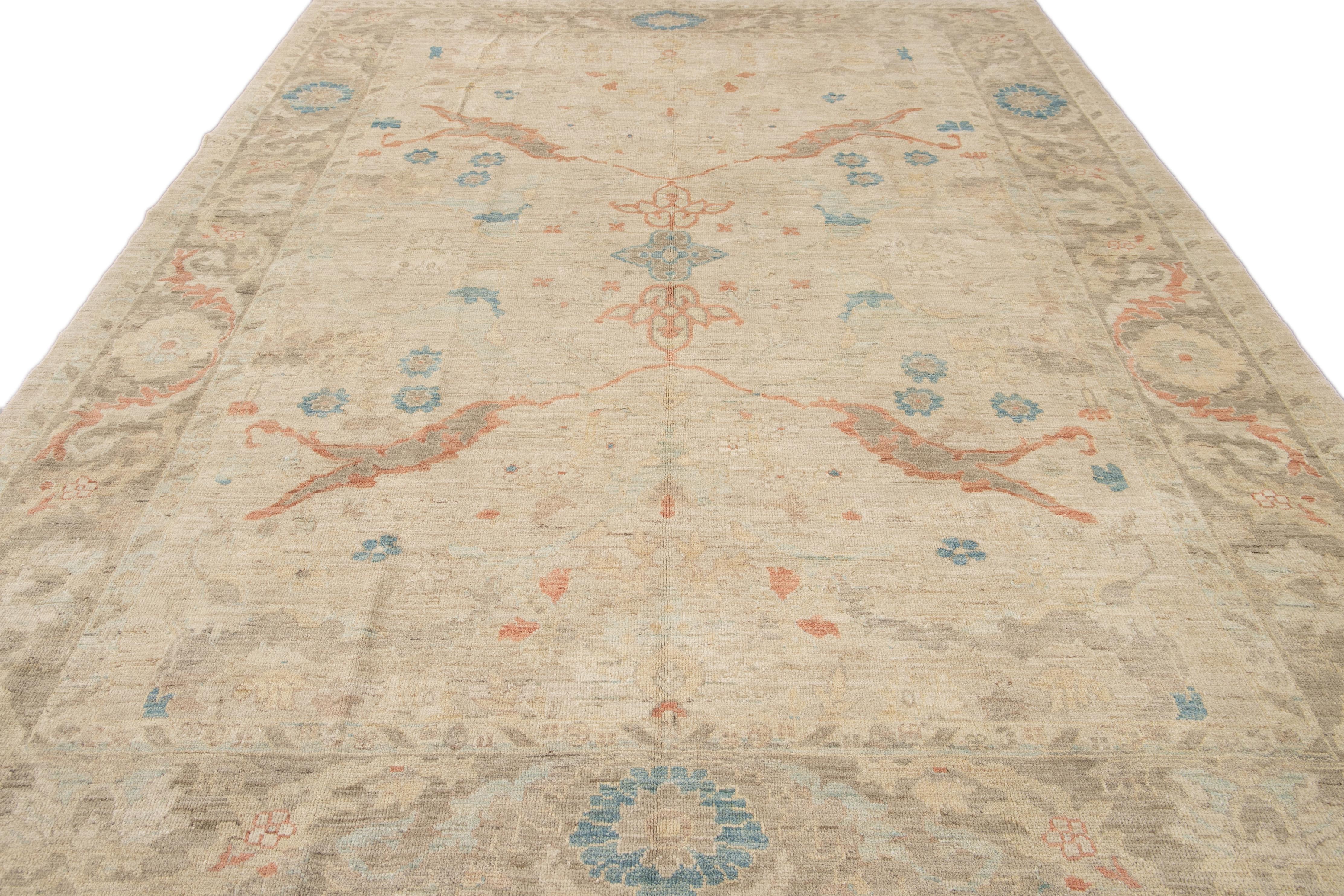 Asian Modern Sultanabad Handmade Beige Floral Wool Rug For Sale