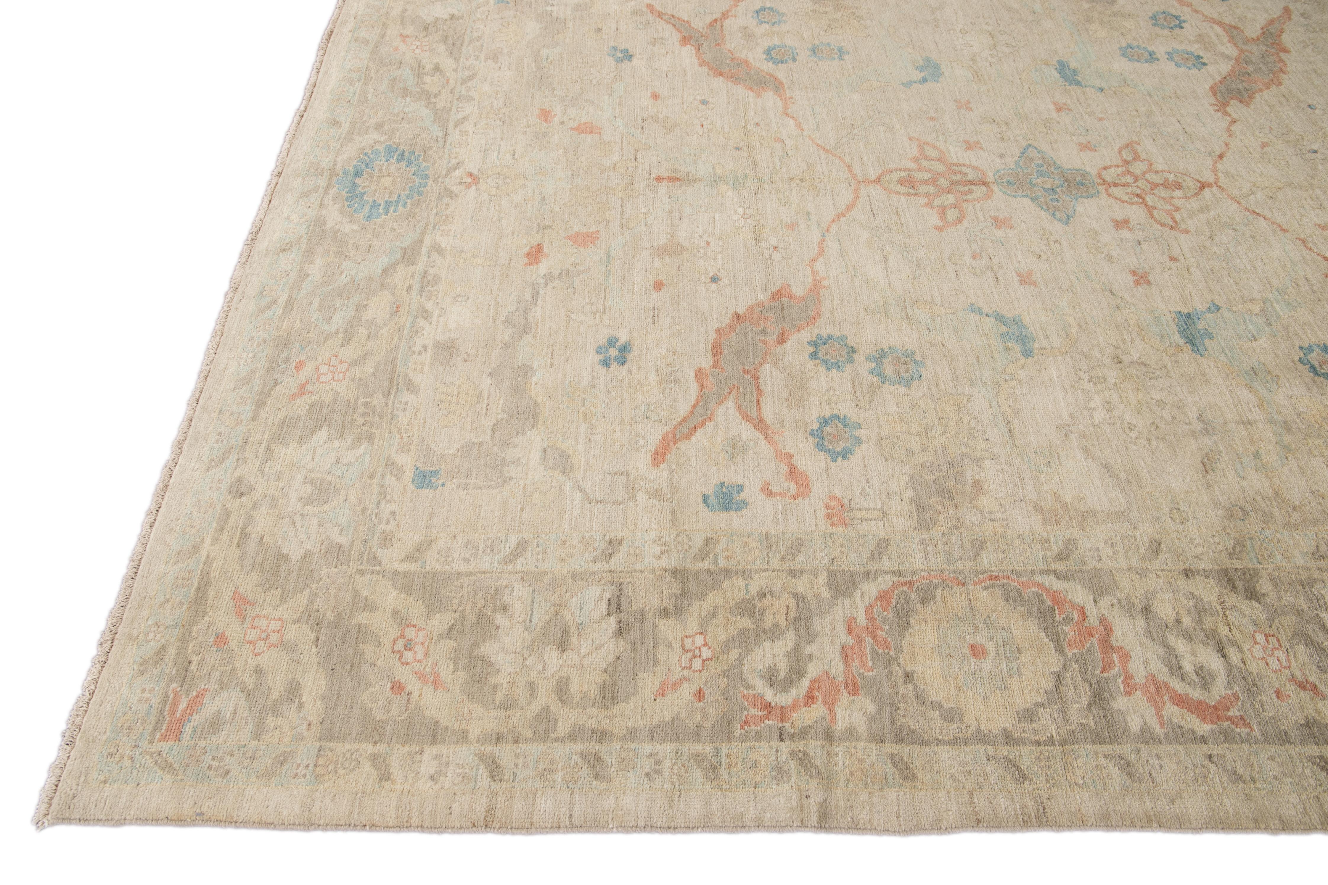 Hand-Knotted Modern Sultanabad Handmade Beige Floral Wool Rug For Sale