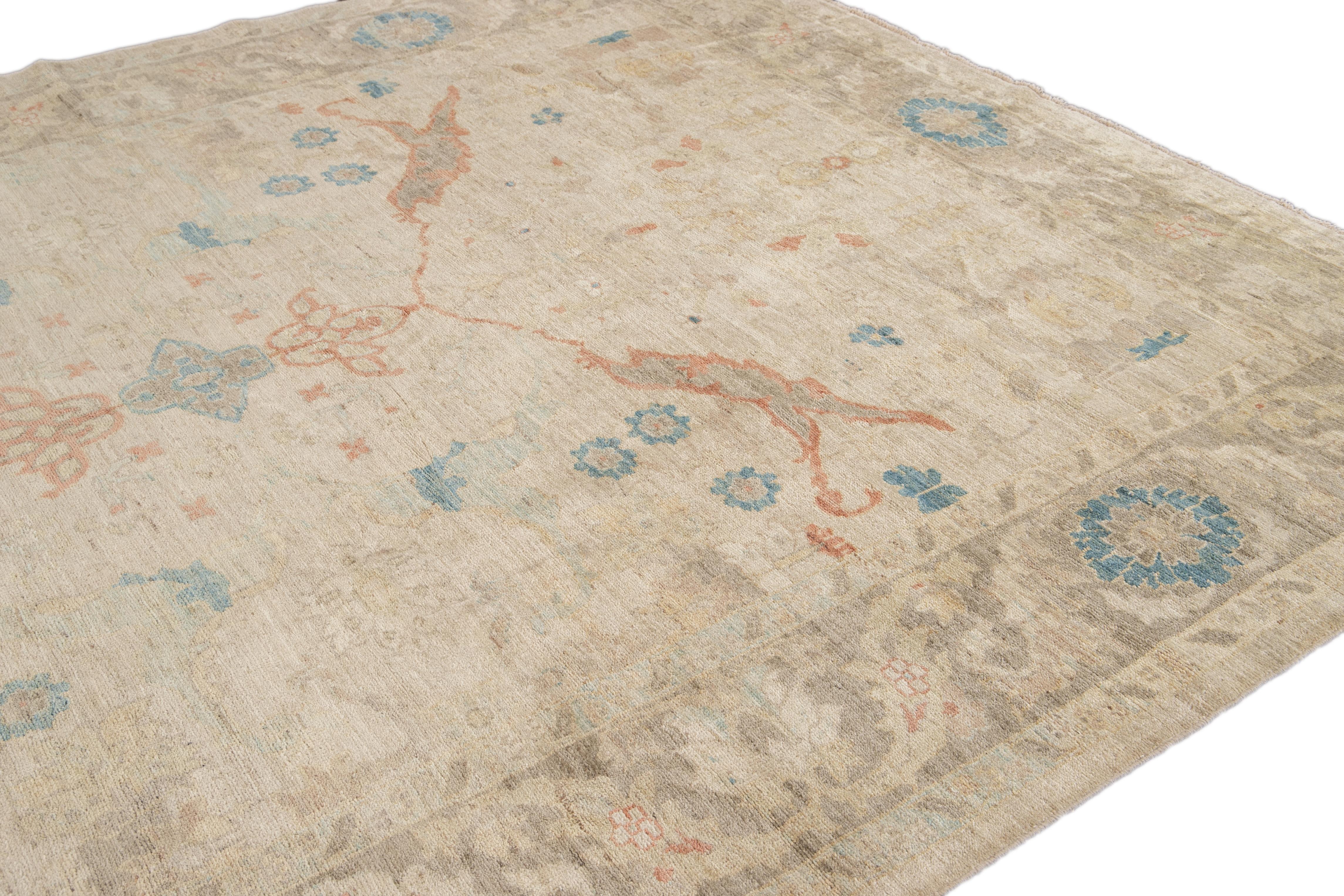 Contemporary Modern Sultanabad Handmade Beige Floral Wool Rug For Sale