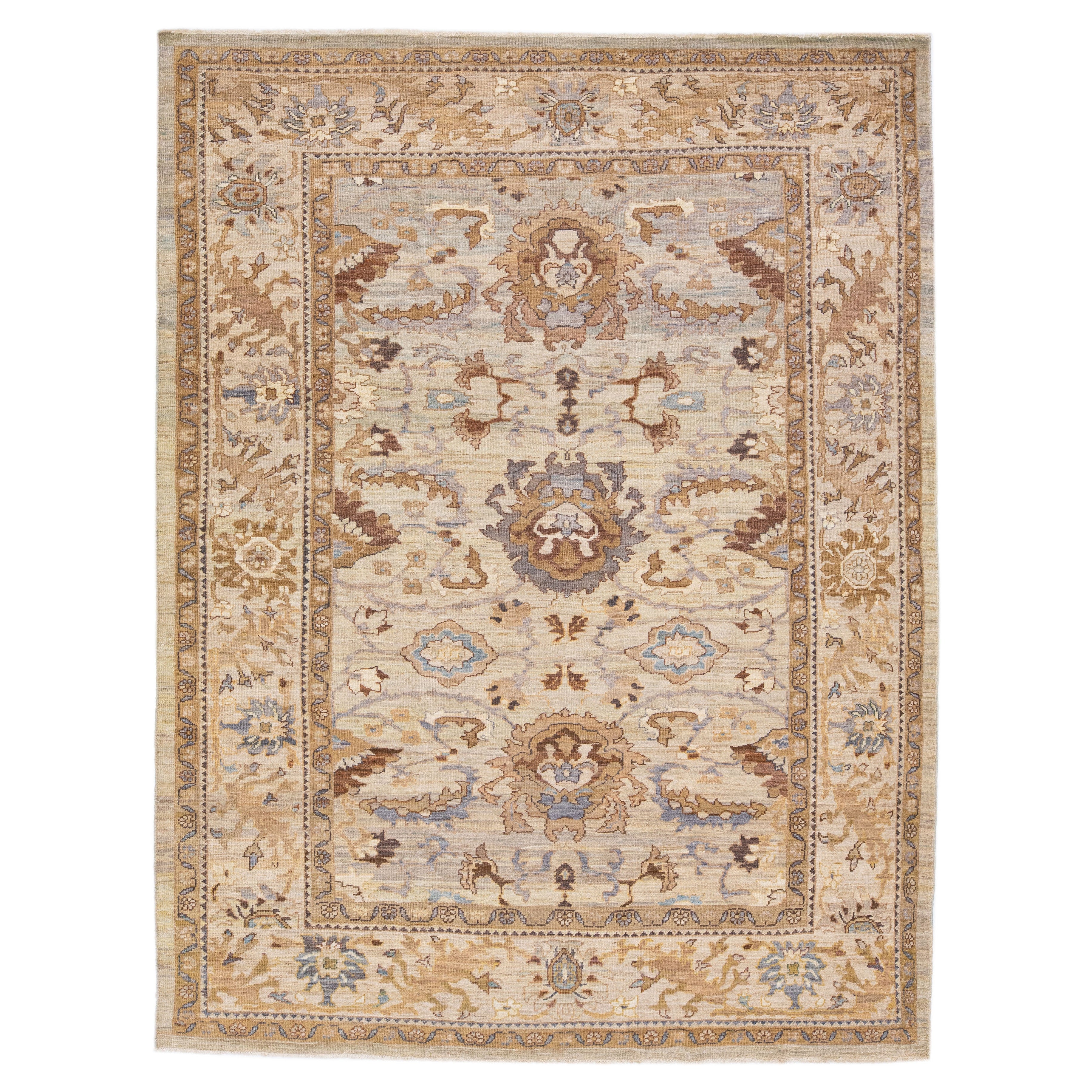 Tappeto moderno Sultanabad Rugs fatto a mano in lana beige con design floreale in vendita
