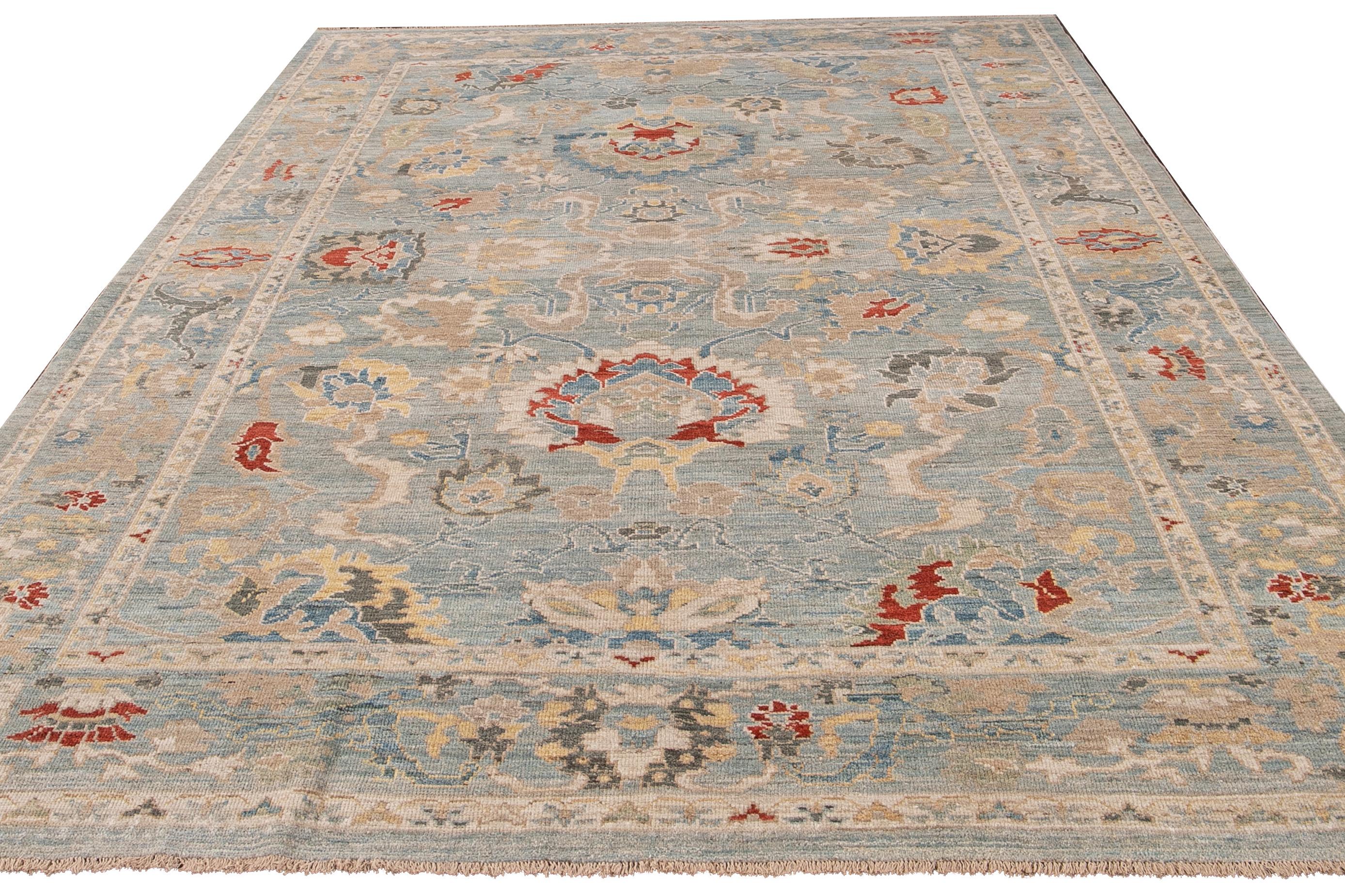 Persian Modern Sultanabad Handmade Blue Floral Wool Rug For Sale