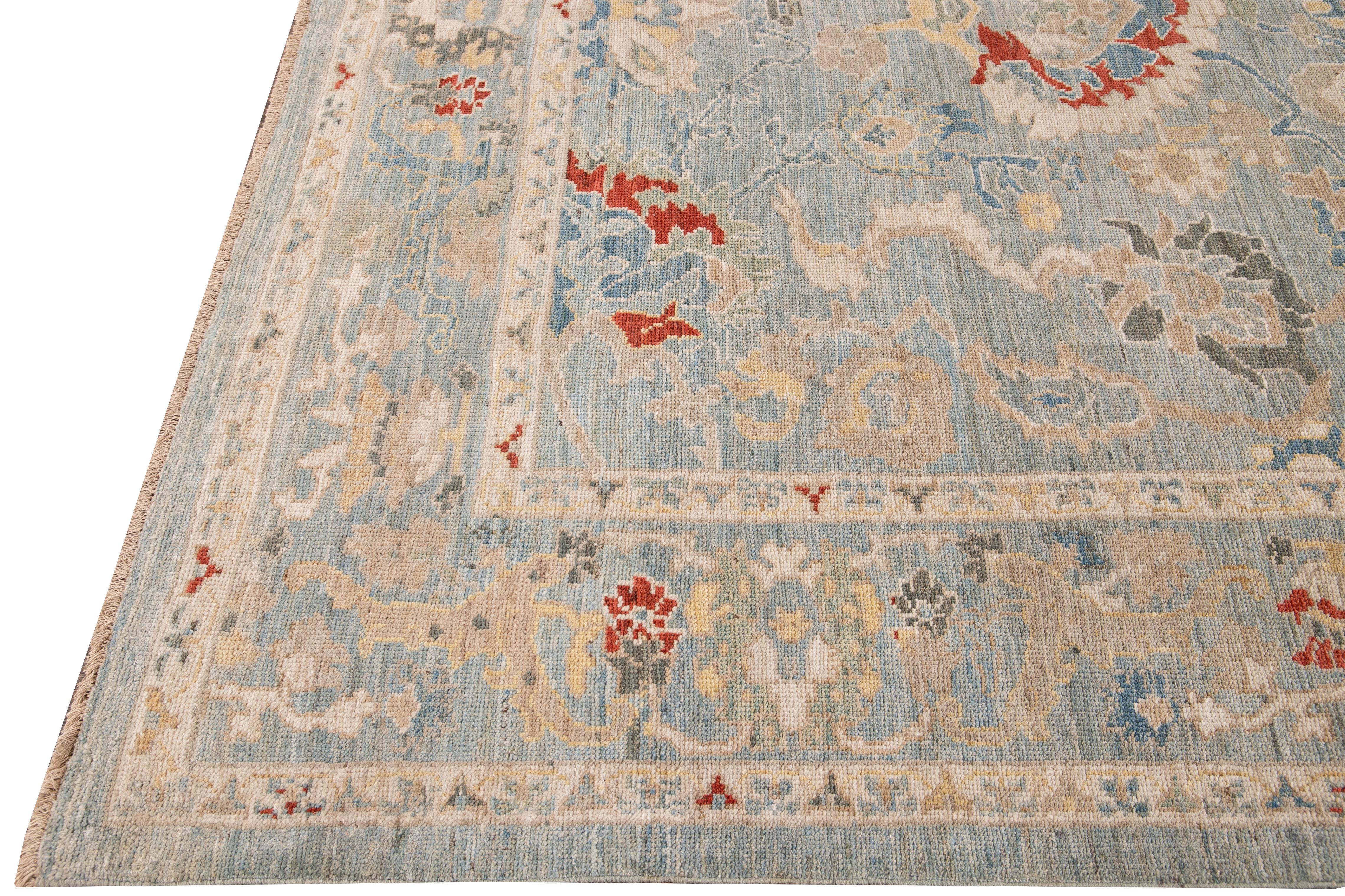 Hand-Knotted Modern Sultanabad Handmade Blue Floral Wool Rug For Sale
