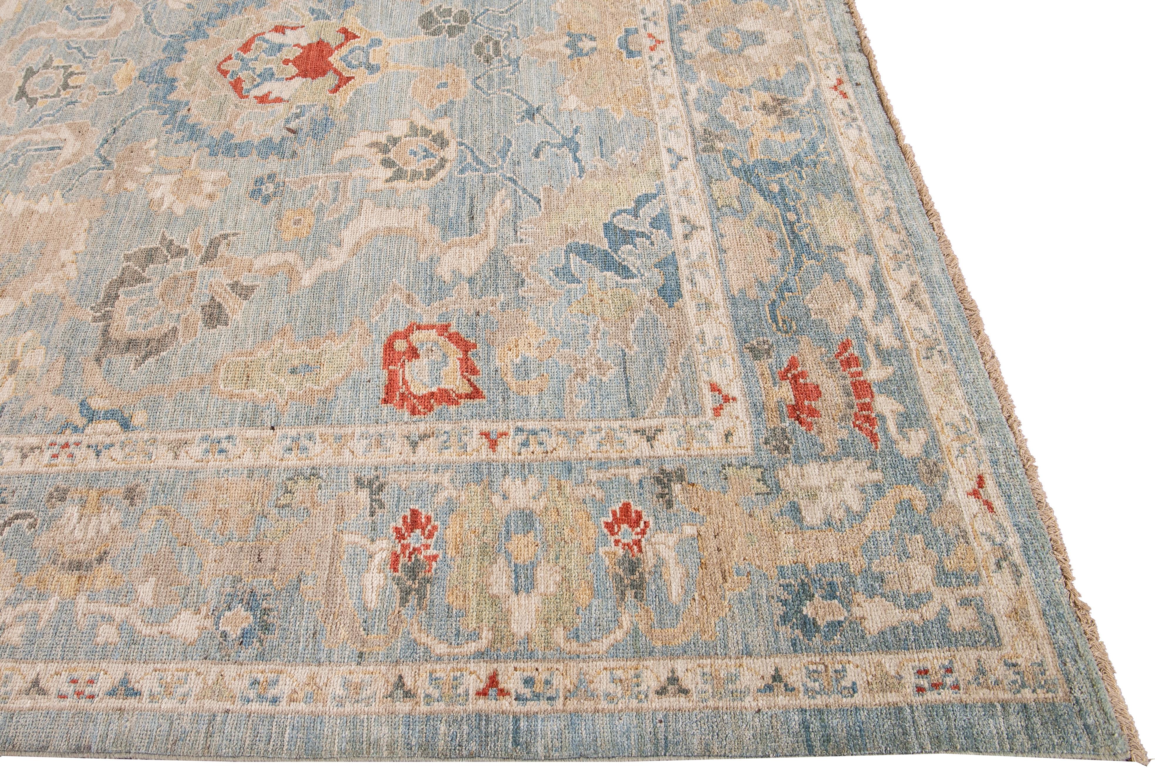 Modern Sultanabad Handmade Blue Floral Wool Rug In New Condition For Sale In Norwalk, CT