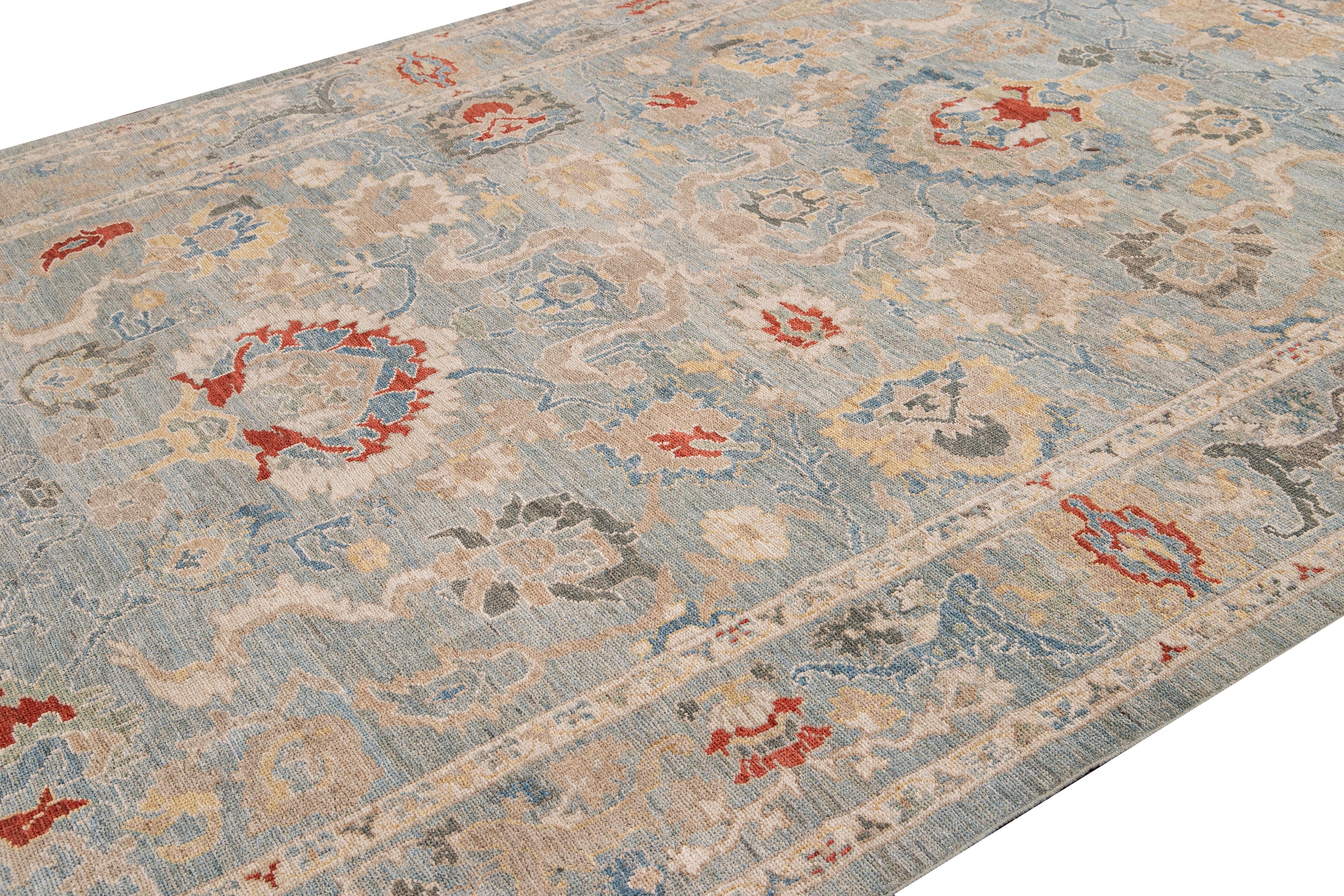 Contemporary Modern Sultanabad Handmade Blue Floral Wool Rug For Sale