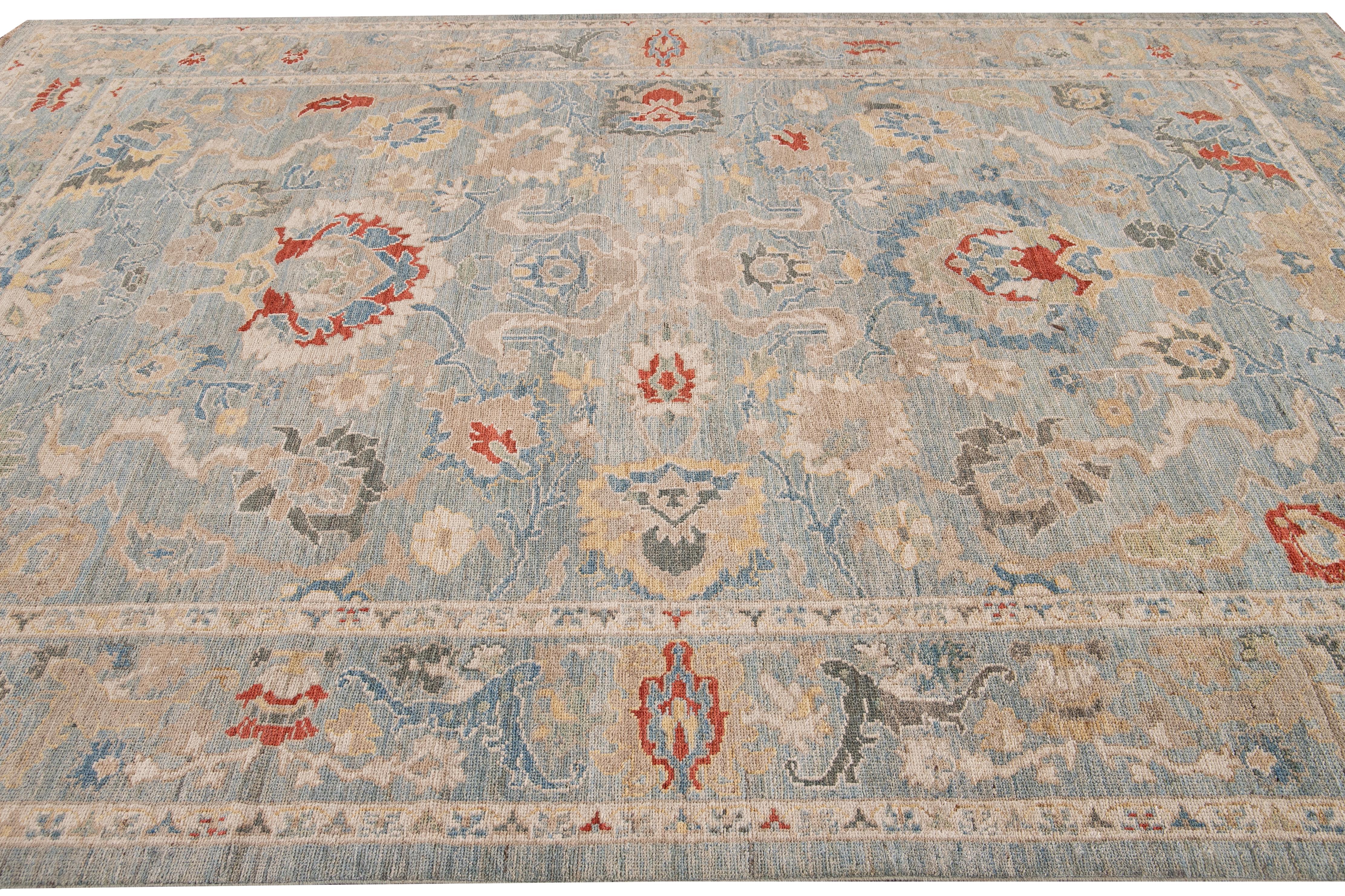 Moderner moderner handgefertigter blauer geblümter Wollteppich von Sultanabad im Angebot 1