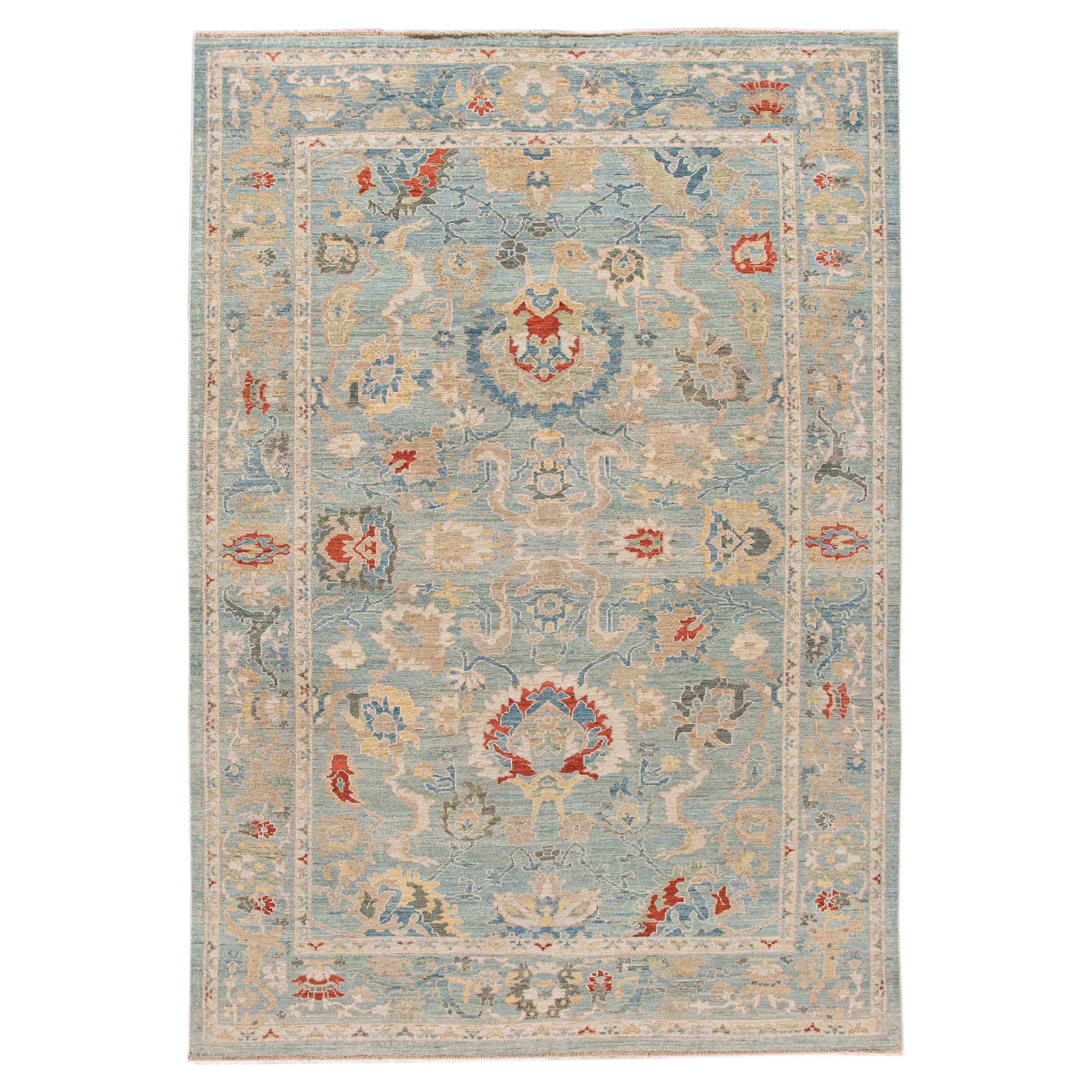 Modern Sultanabad Handmade Blue Floral Wool Rug For Sale