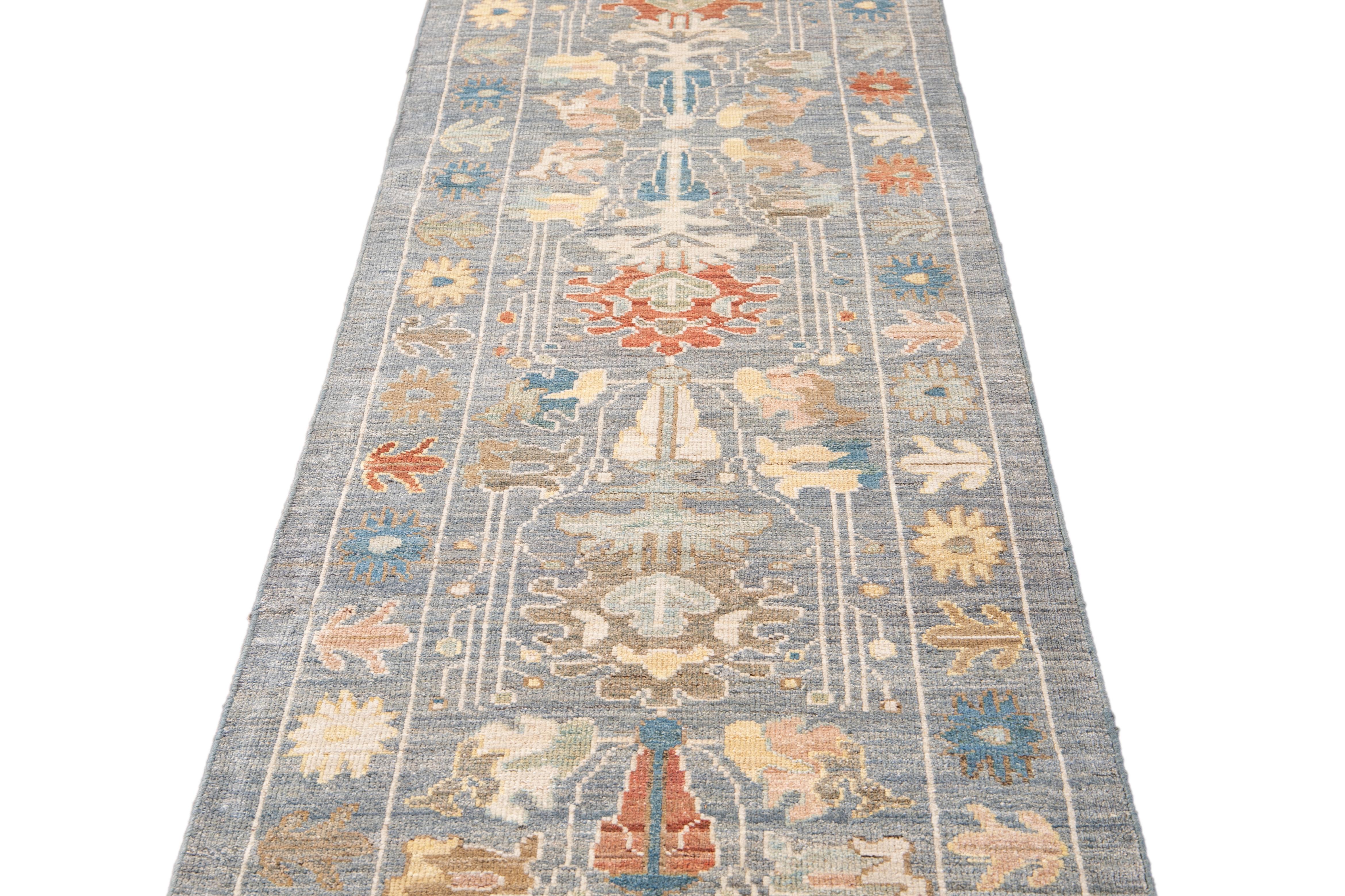 Persian Modern Sultanabad Handmade Blue Floral Wool Runner For Sale