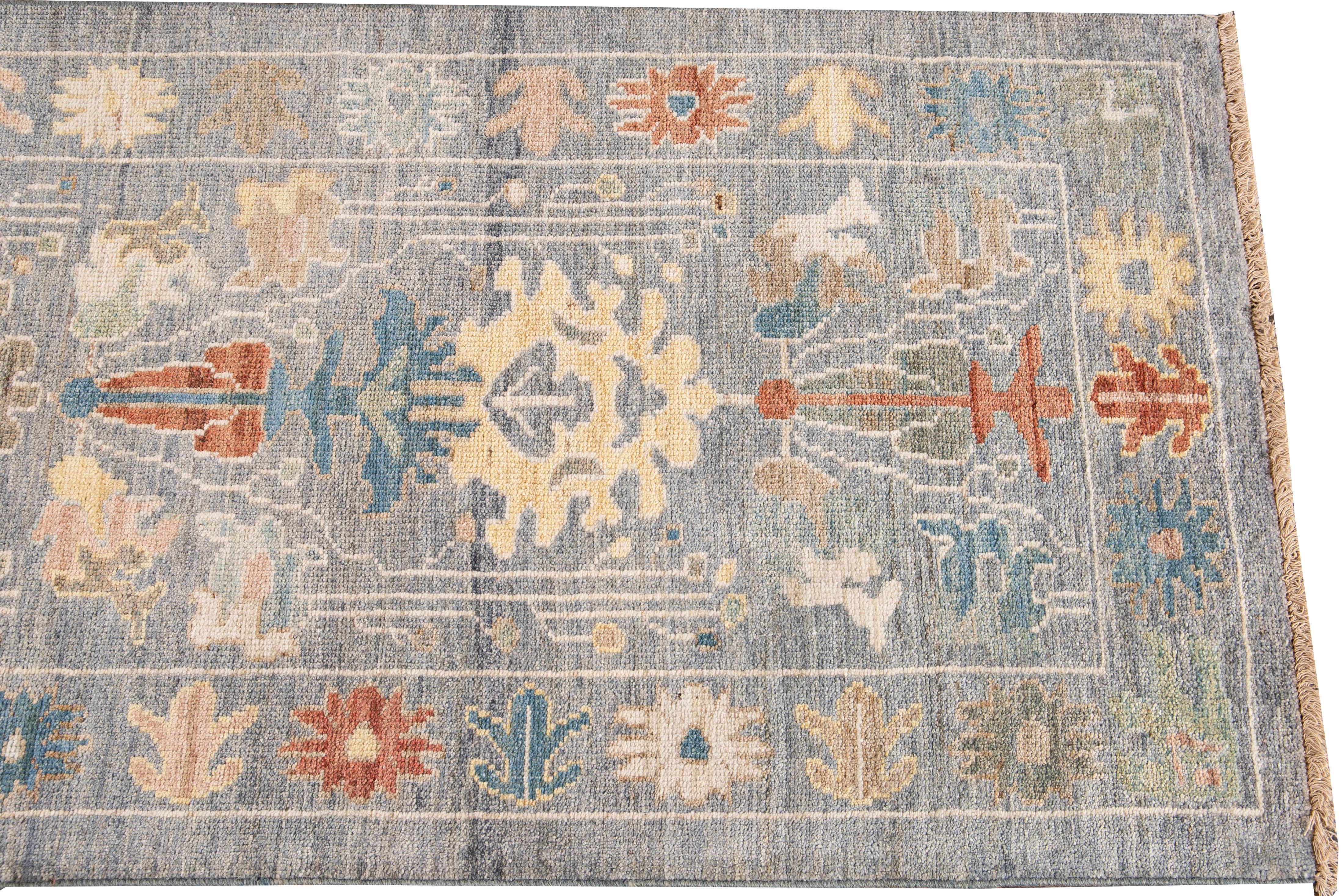 Hand-Knotted Modern Sultanabad Handmade Blue Floral Wool Runner For Sale