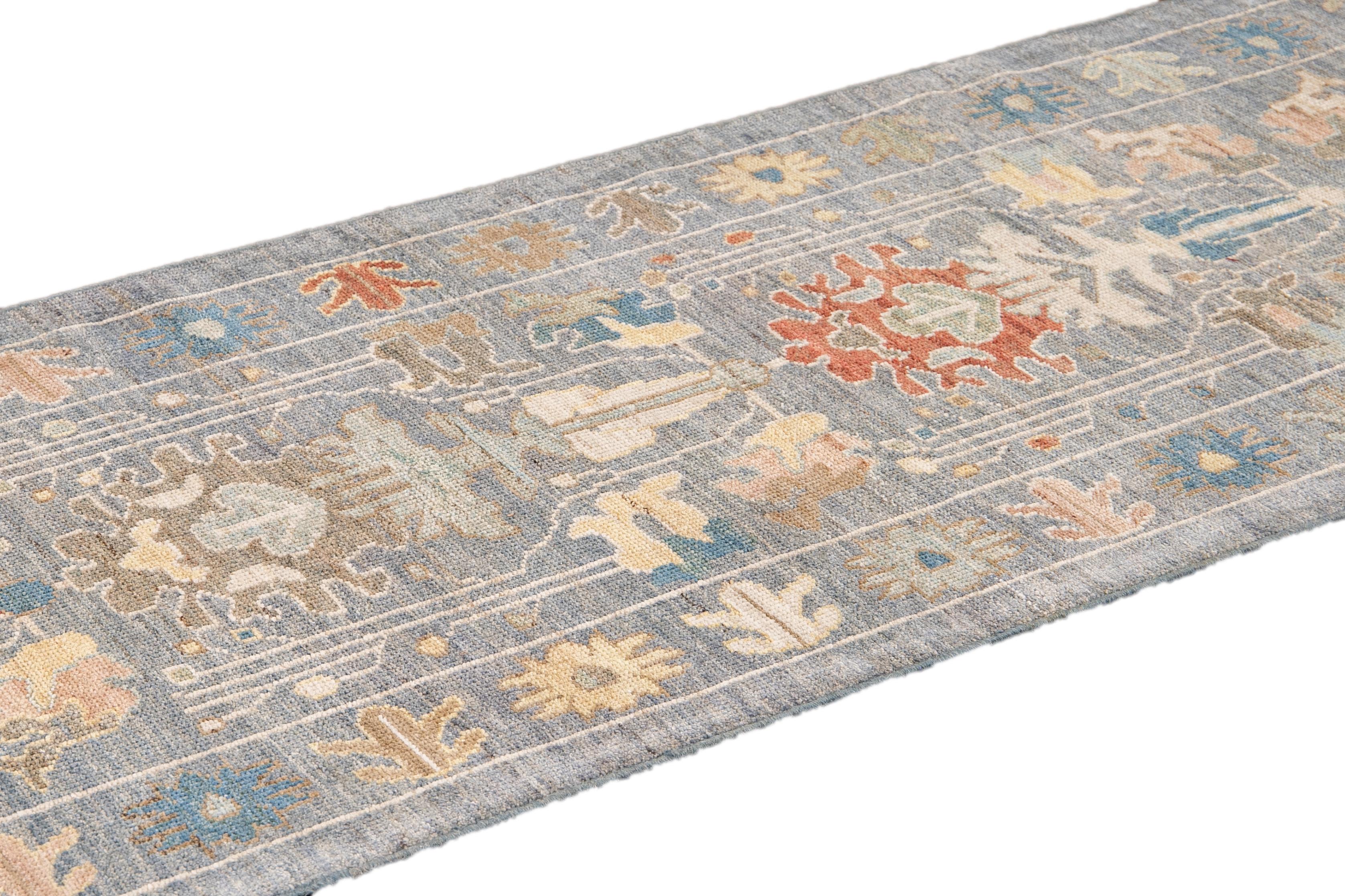 Modern Sultanabad Handmade Blue Floral Wool Runner In New Condition For Sale In Norwalk, CT