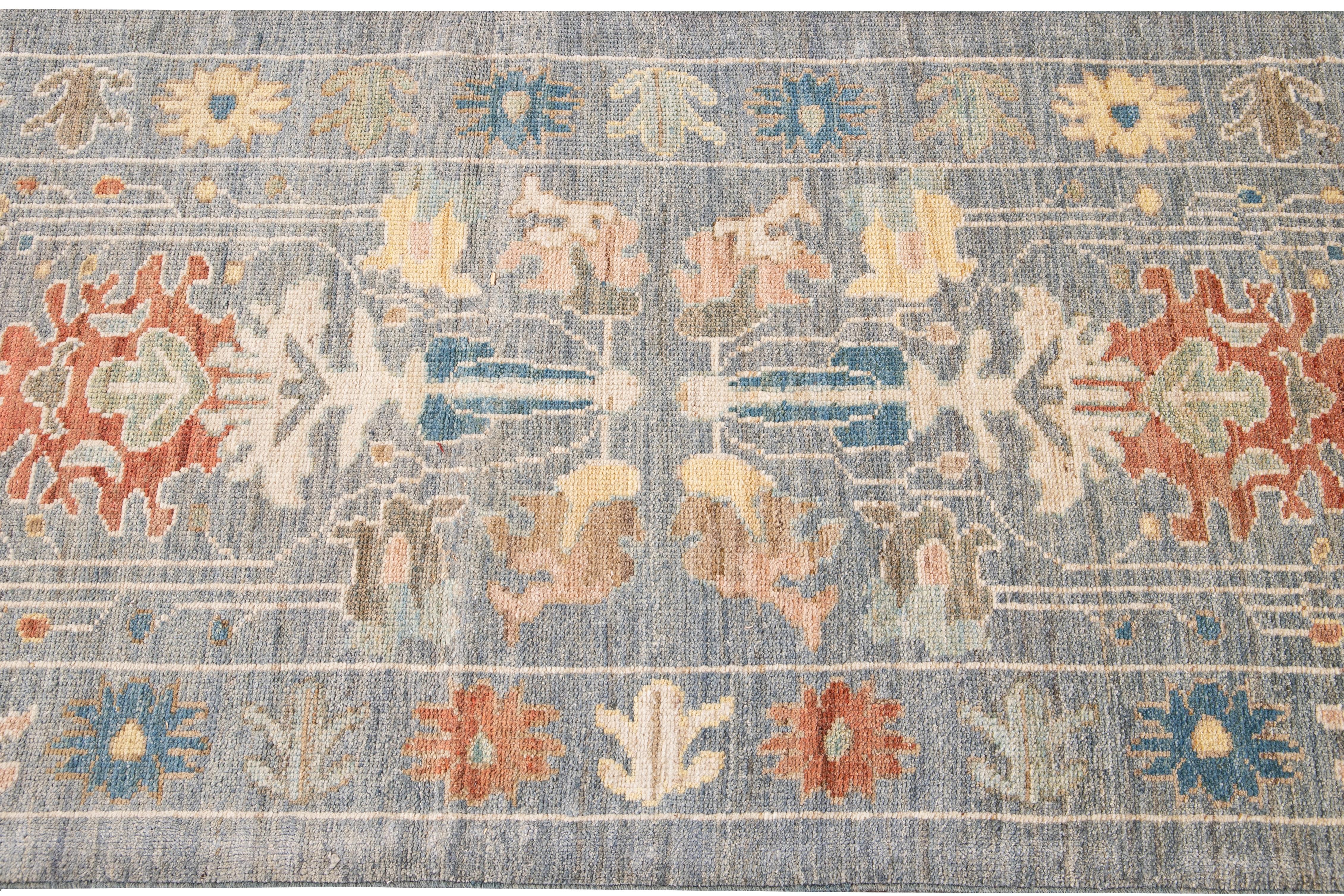 Contemporary Modern Sultanabad Handmade Blue Floral Wool Runner For Sale