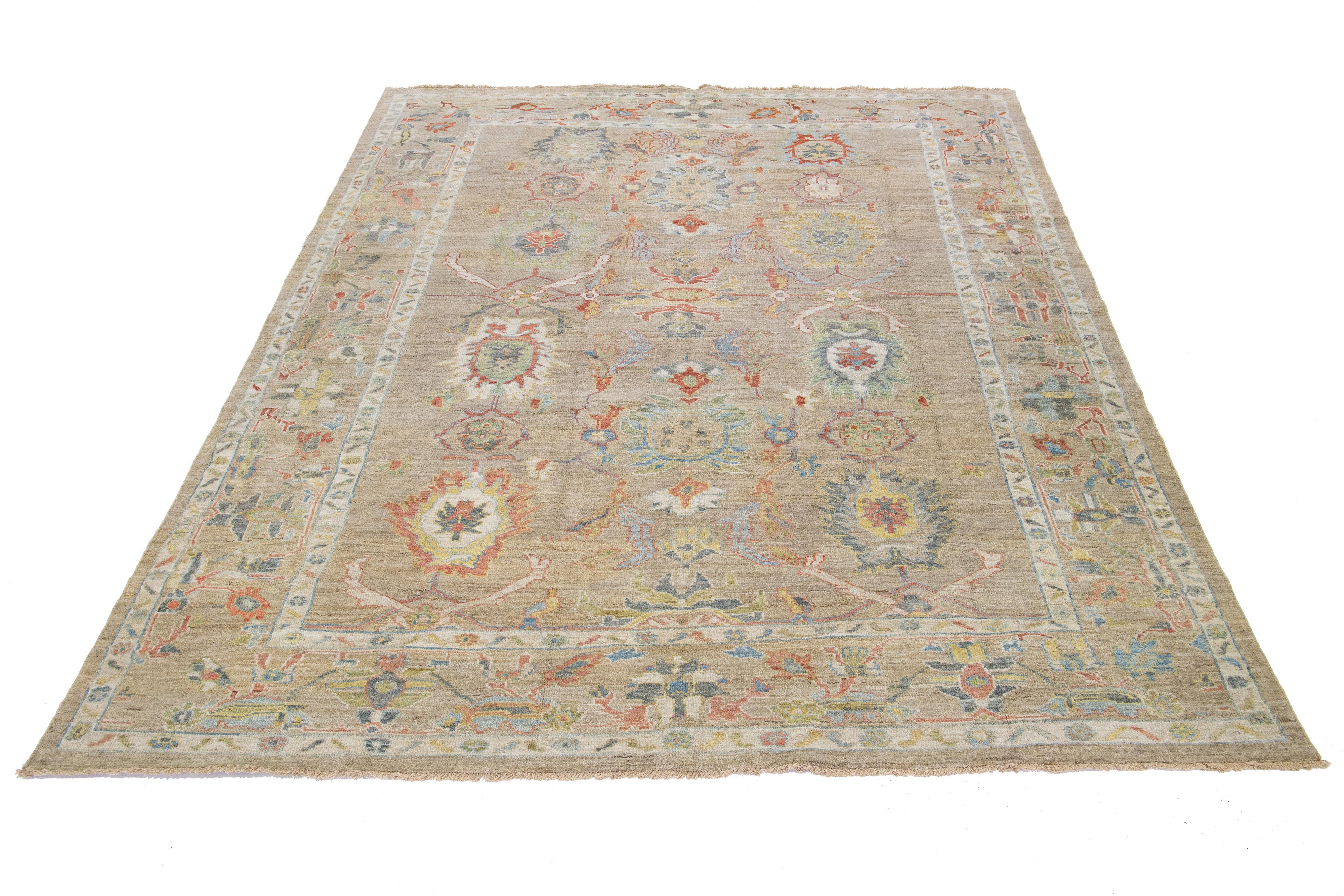 Persian Modern Sultanabad Handmade Brown oom Size Wool Rug Allover Floral For Sale