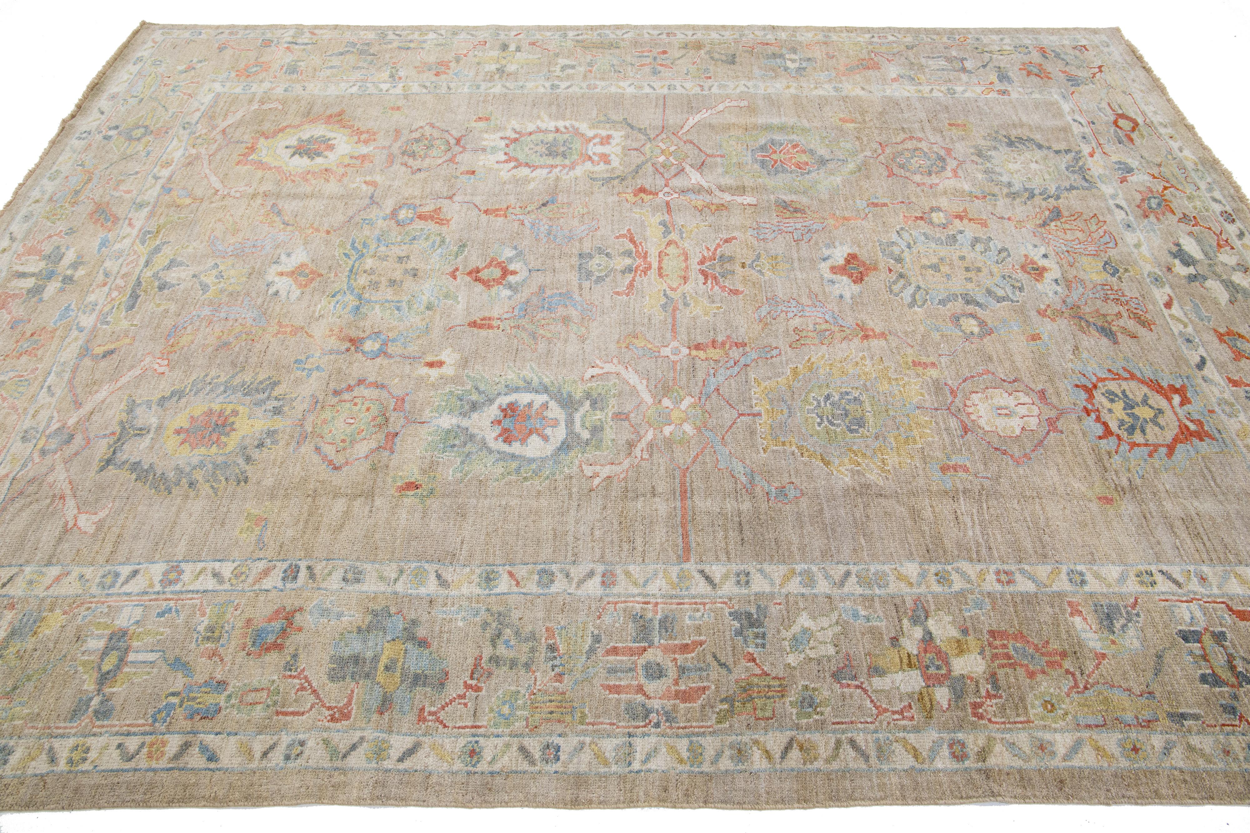 Contemporary Modern Sultanabad Handmade Brown oom Size Wool Rug Allover Floral For Sale