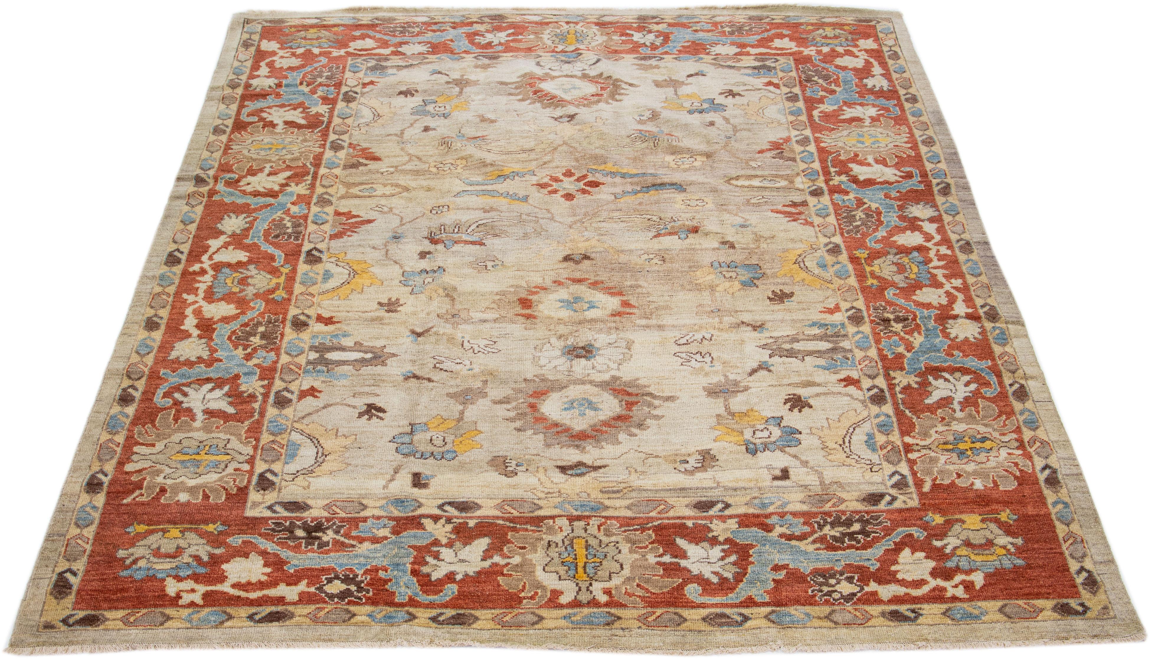 Persian Modern Sultanabad Handmade Brown & Rust Wool Rug With Floral Motif For Sale