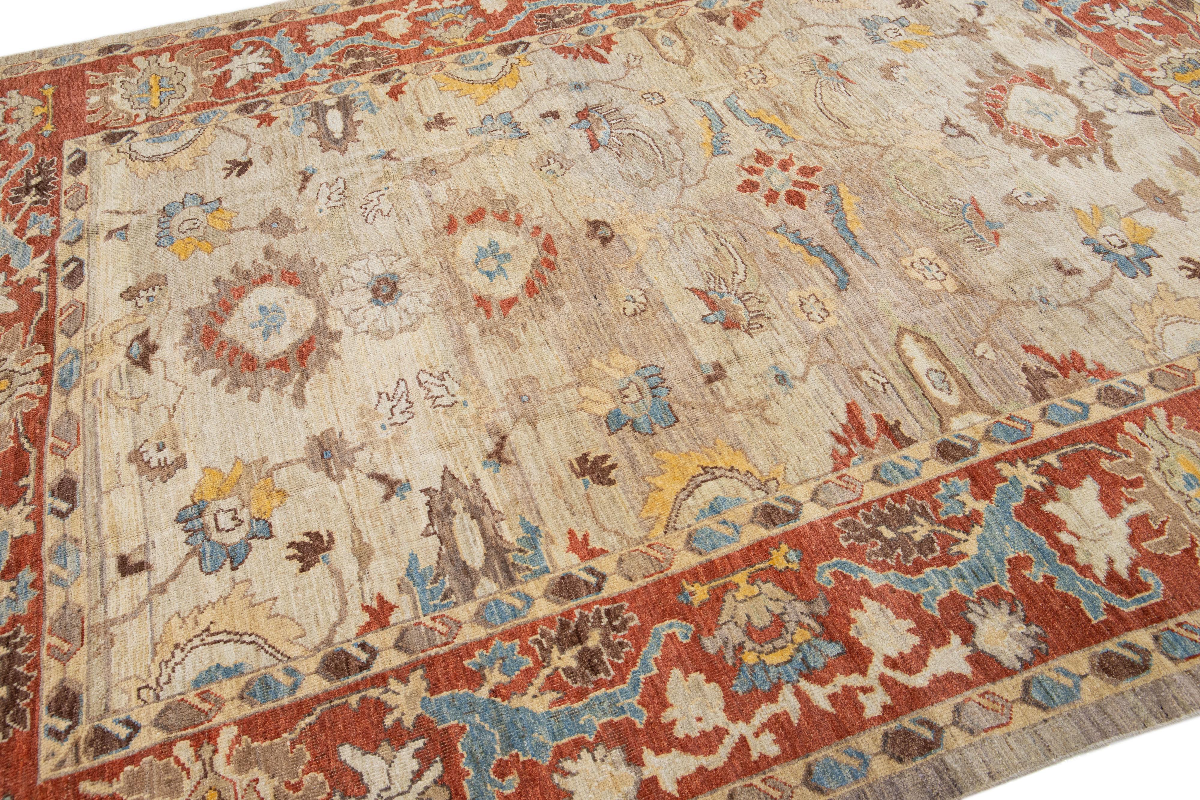 Hand-Knotted Modern Sultanabad Handmade Brown & Rust Wool Rug With Floral Motif For Sale