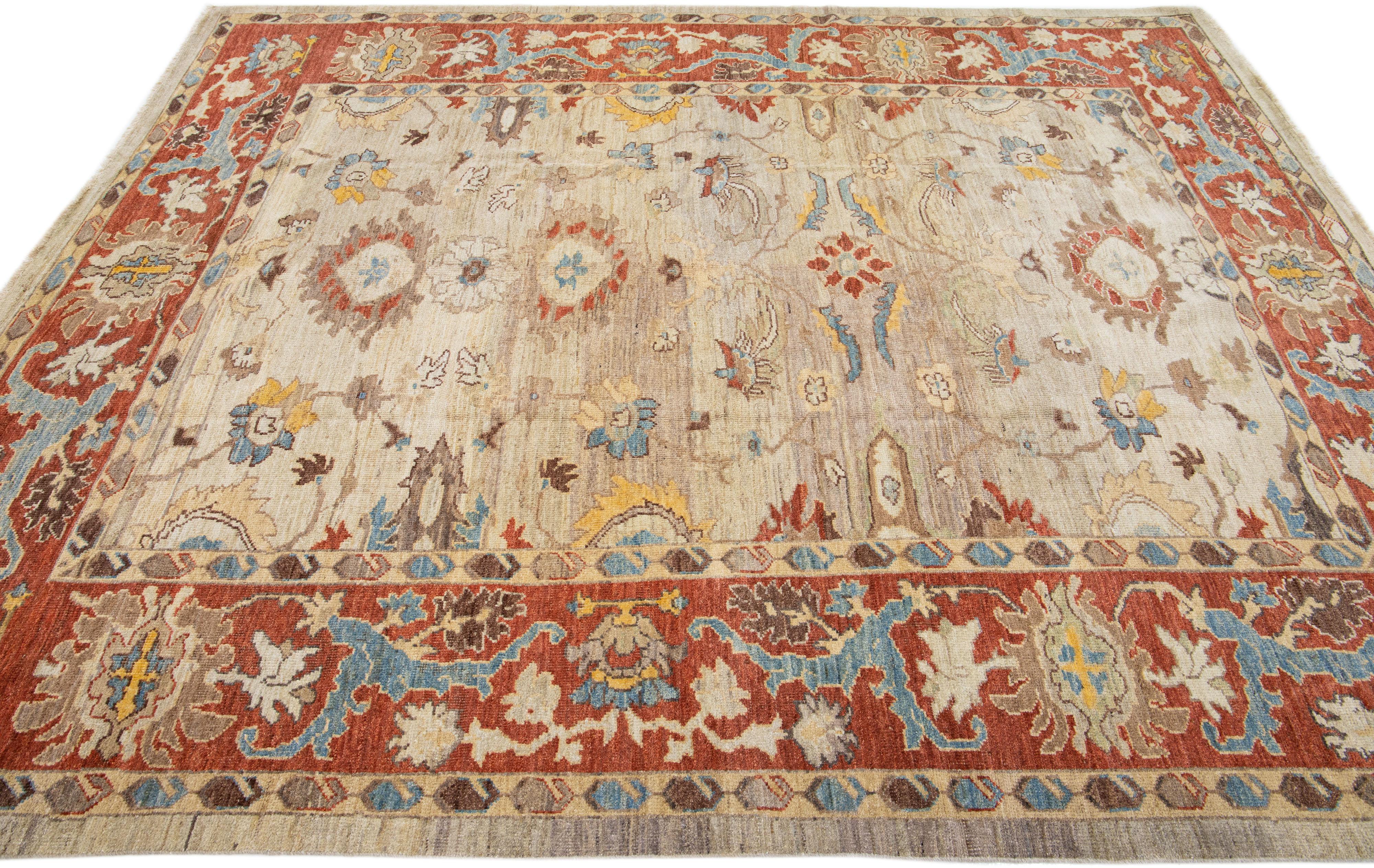 Modern Sultanabad Handmade Brown & Rust Wool Rug With Floral Motif In New Condition For Sale In Norwalk, CT